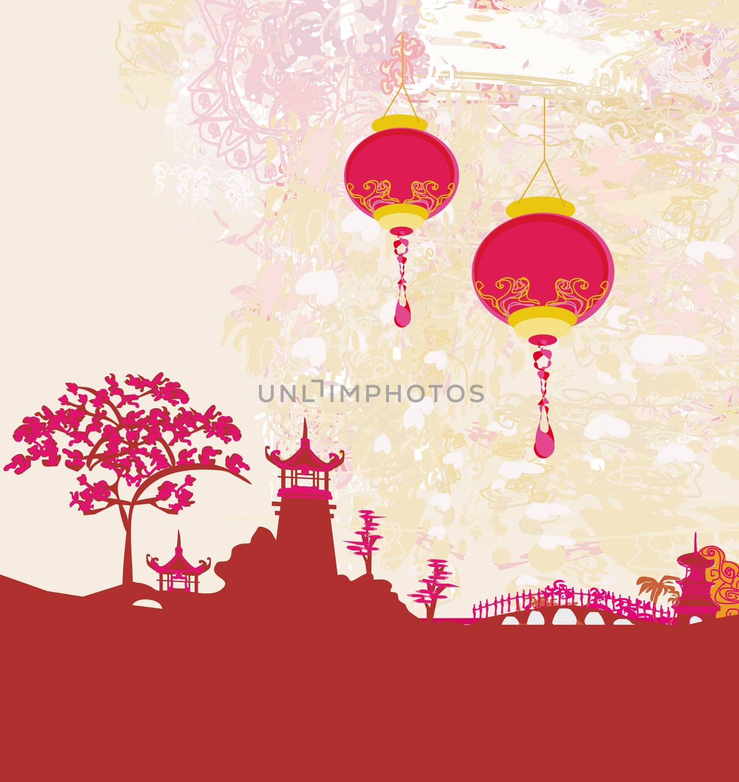 old paper with Asian Landscape and Chinese Lanterns - vintage japanese style background