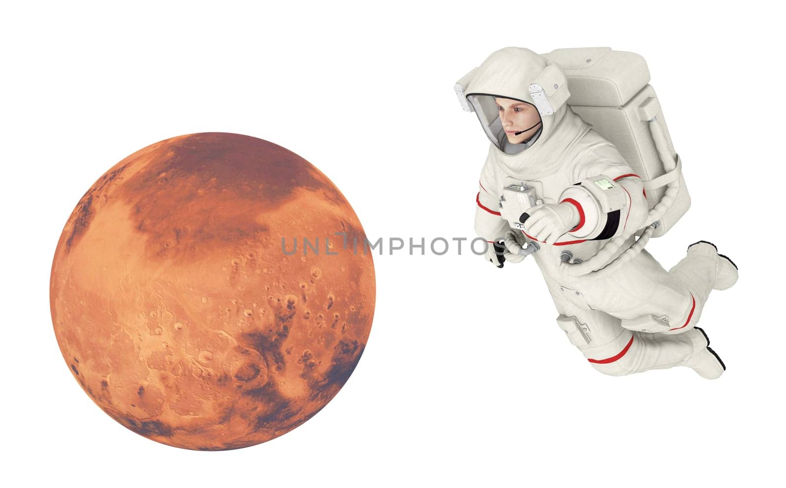 Computer generated 3D illustration with planet Mars and astronaut isolated on white background