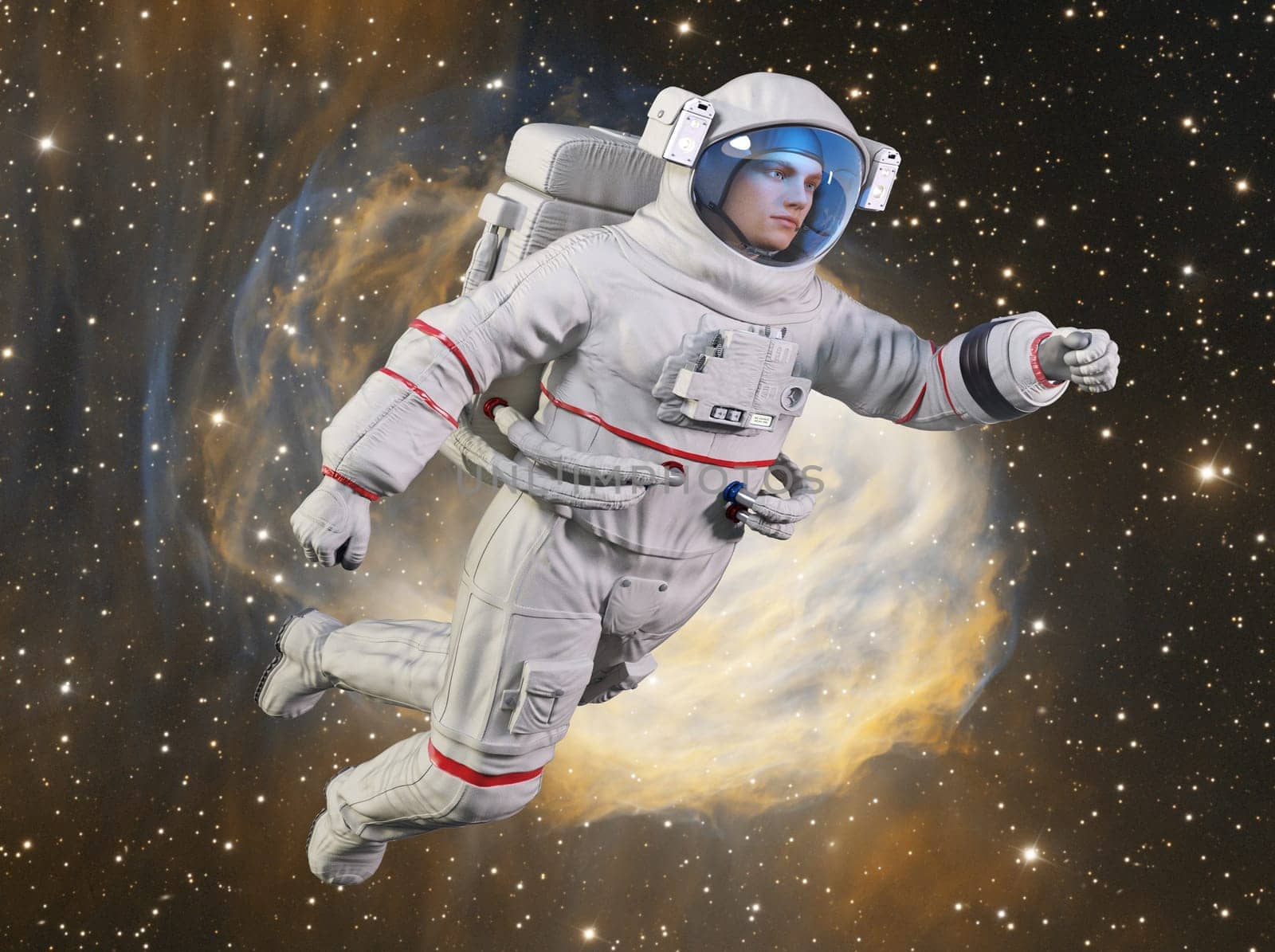 Computer generated 3D illustration with an astronaut floating in space