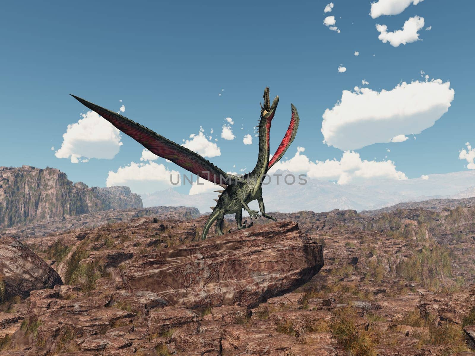 Computer generated 3D illustration with a dragon on a rock in a mountain landscape