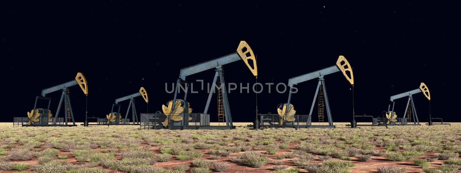 Computer generated 3D illustration with oil pumps in a landscape at night