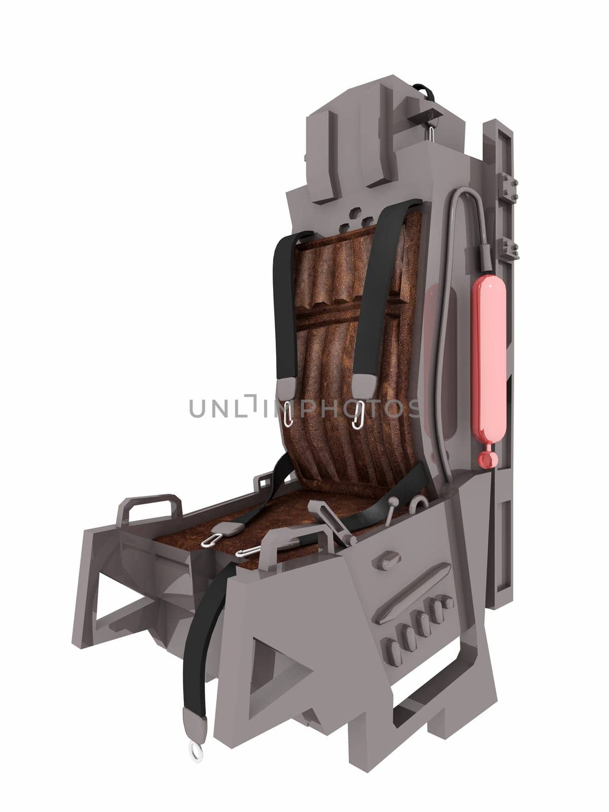 Computer generated 3D illustration with a pilot seat of a modern fighter aircraft isolated on white background