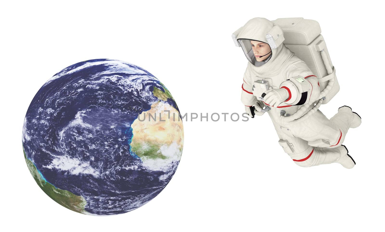 Computer generated 3D illustration with planet Earth and astronaut isolated on white background