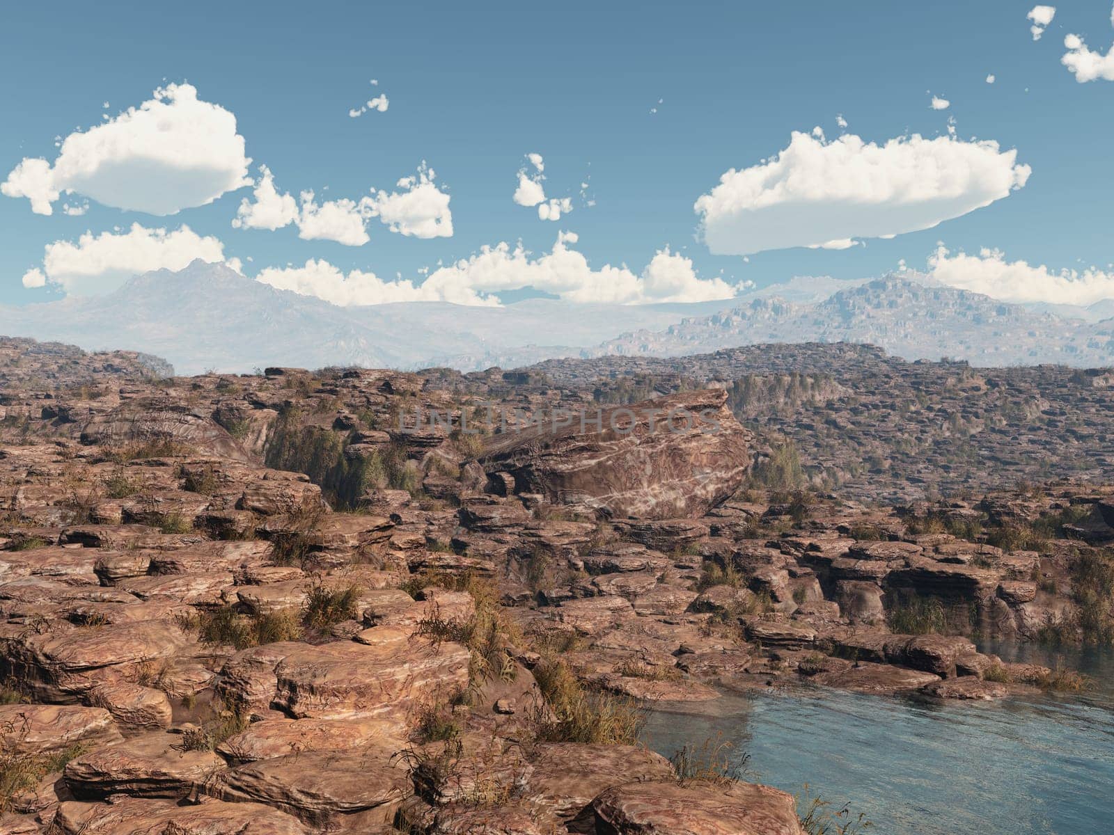 Computer generated 3D illustration with a rocky mountain landscape