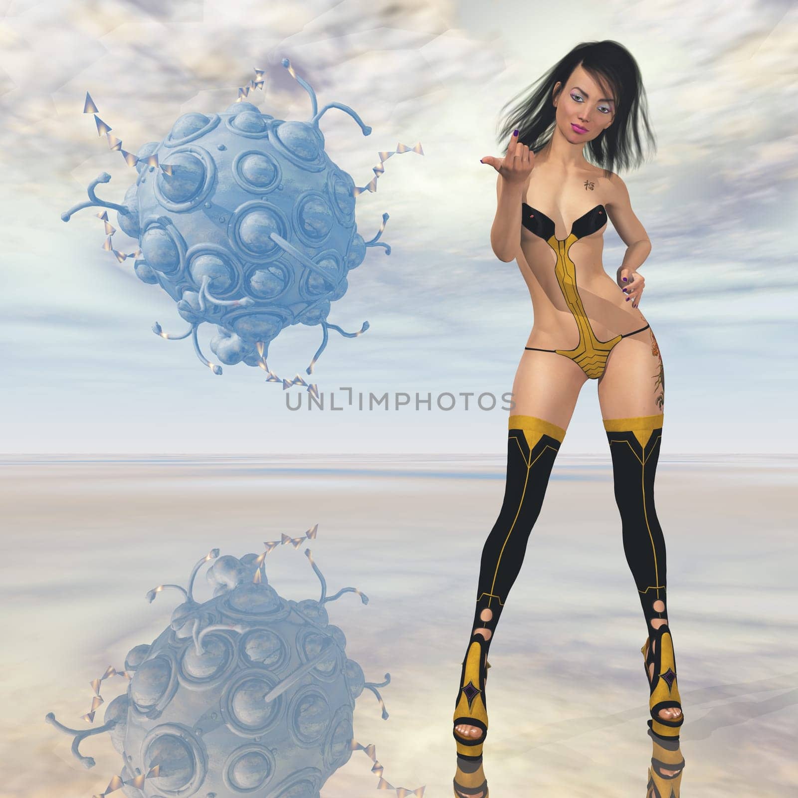 Computer generated 3D illustration with spaceship and attractive woman in futuristic clothes in a distant world