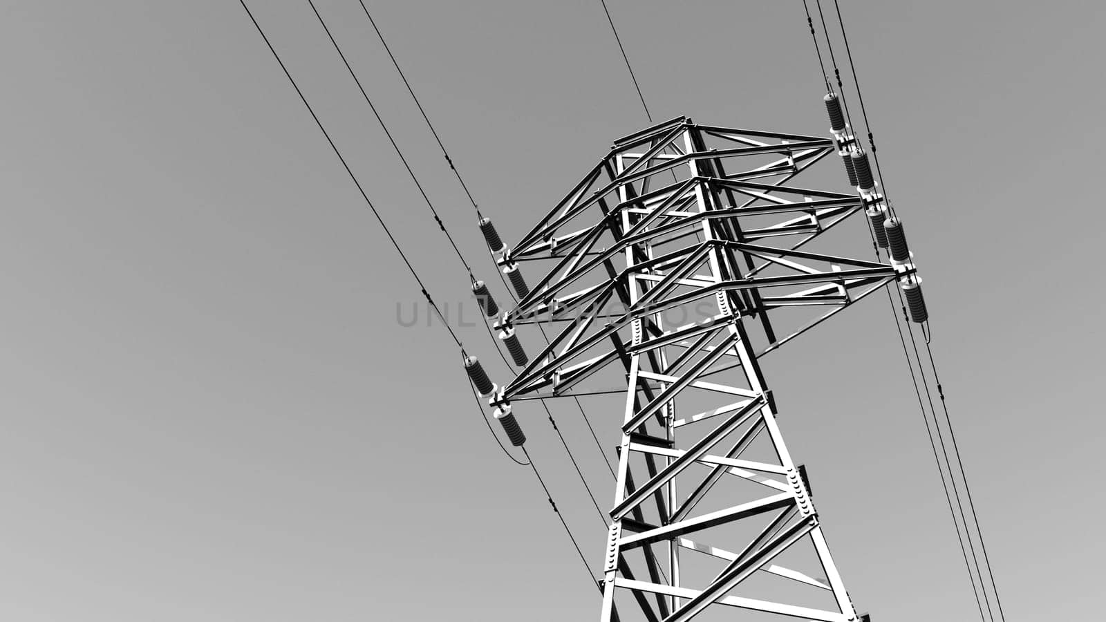Computer generated 3D illustration with an overhead power line in black and white