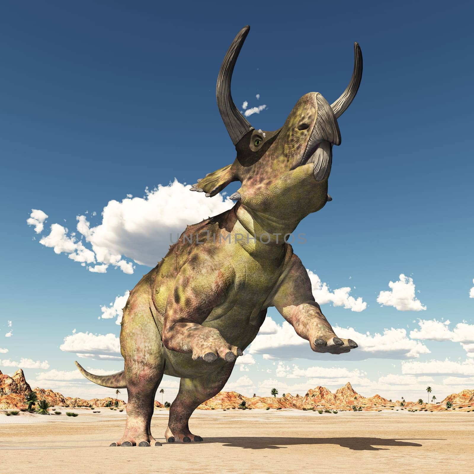 Computer generated 3D illustration with the dinosaur Nasutoceratops in a landscape