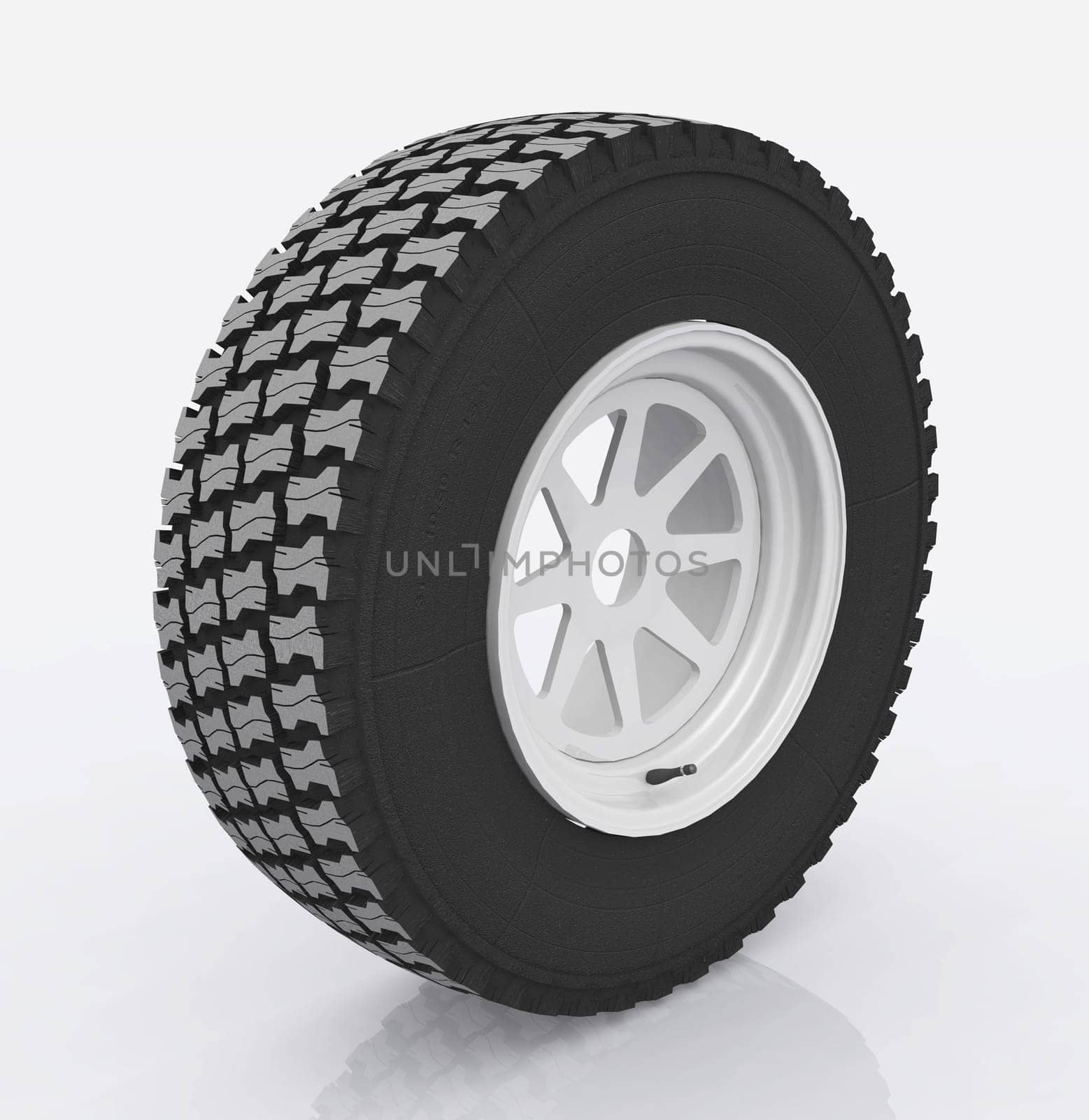Computer generated 3D illustration with a car tire against a white background
