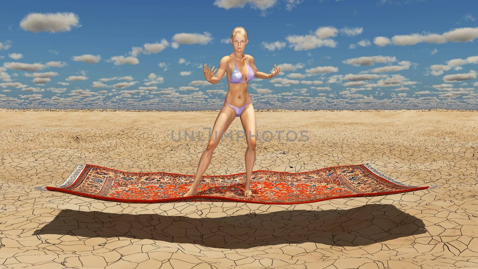 Computer generated 3D illustration with an attractive woman in bikini on a flying carpet over a landscape