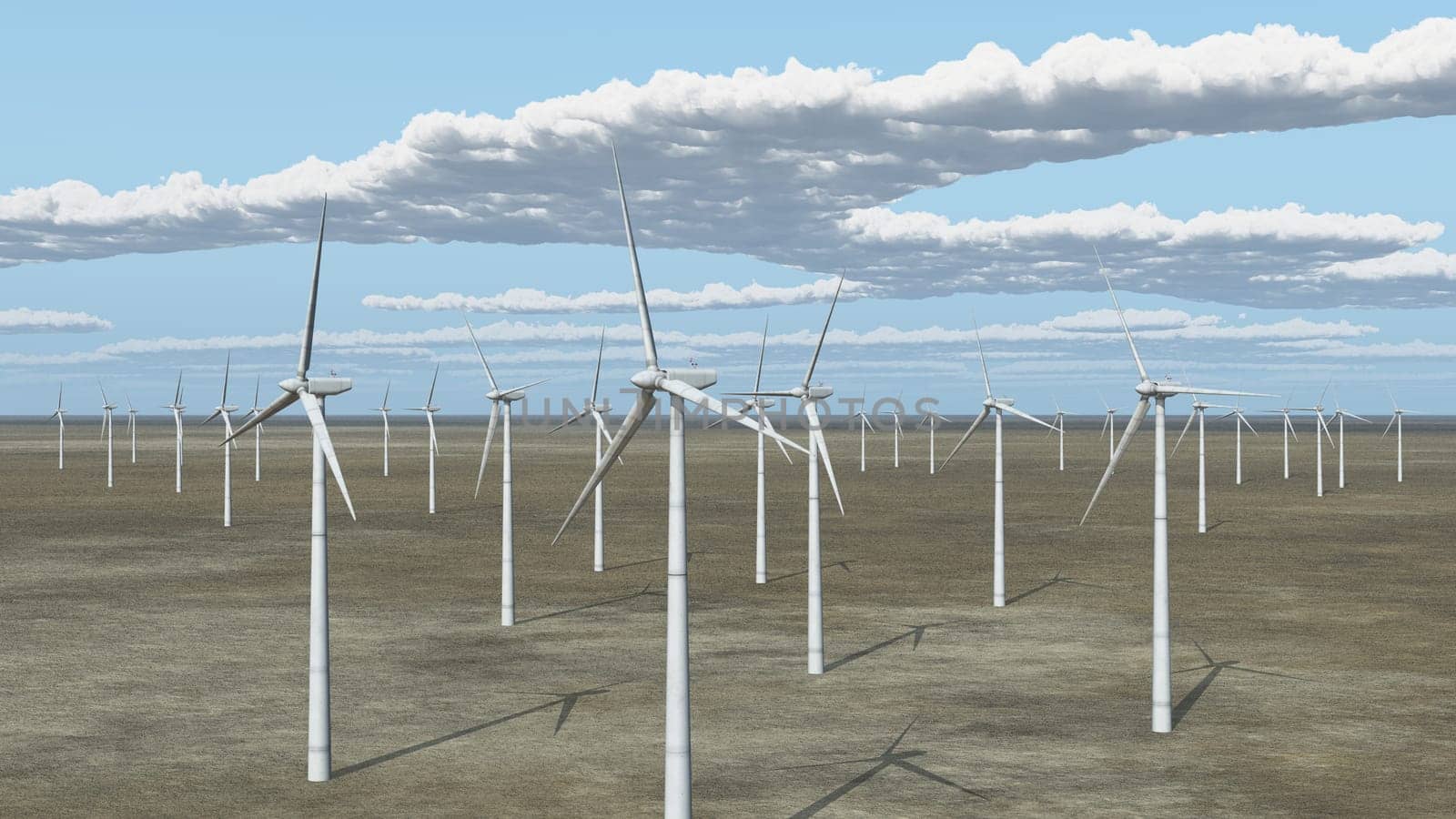Computer generated 3D illustration with wind turbines in a landscape