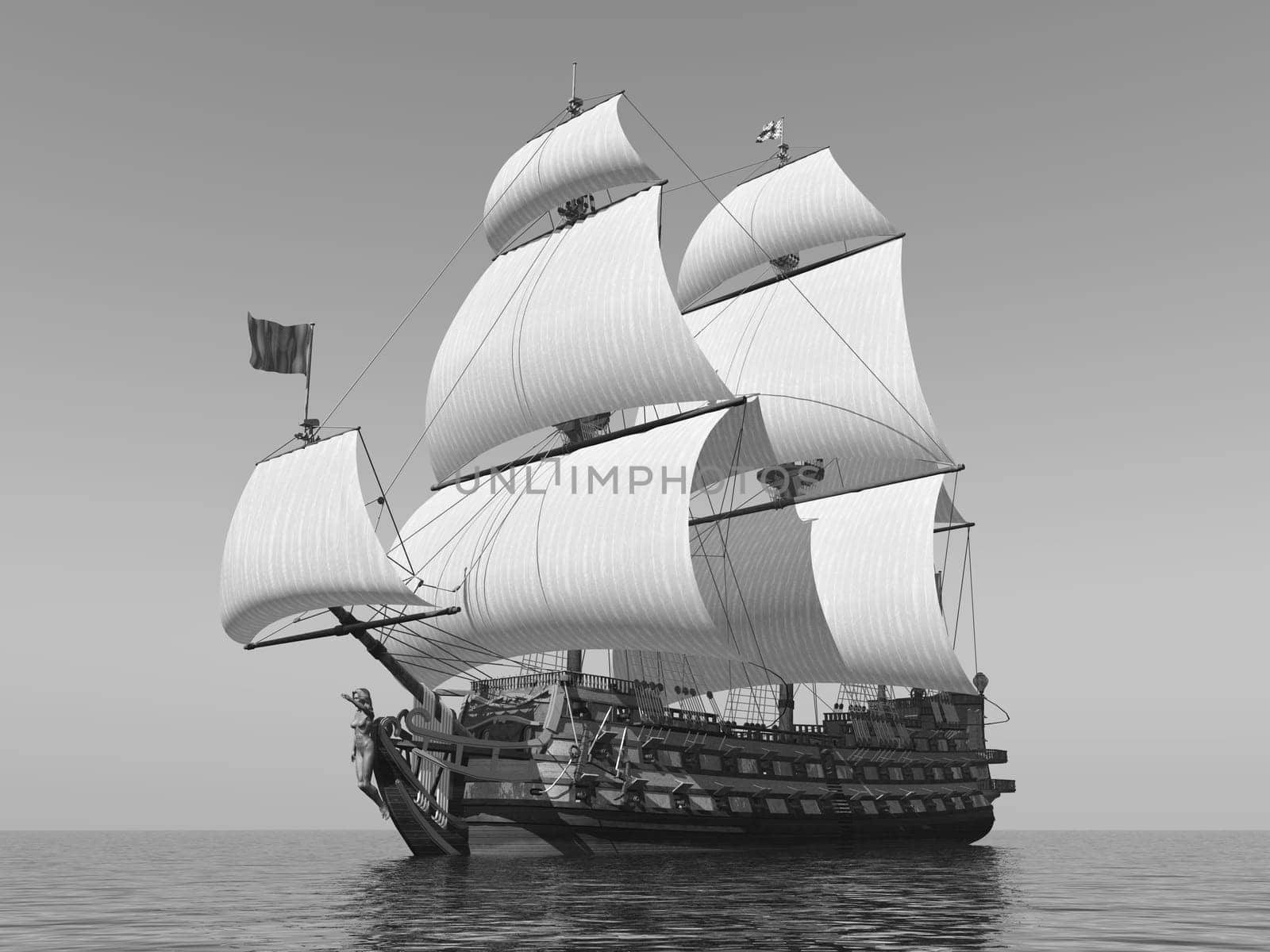 Computer generated 3D illustration with a French warship of the 18th century in black and white
