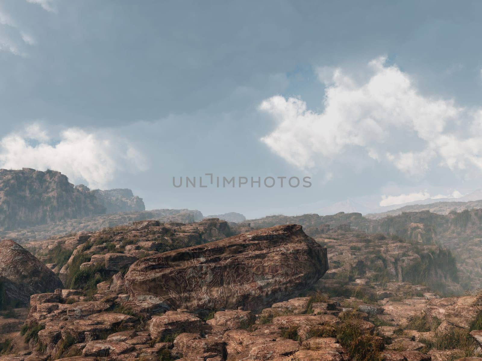 Computer generated 3D illustration with a rocky mountain landscape