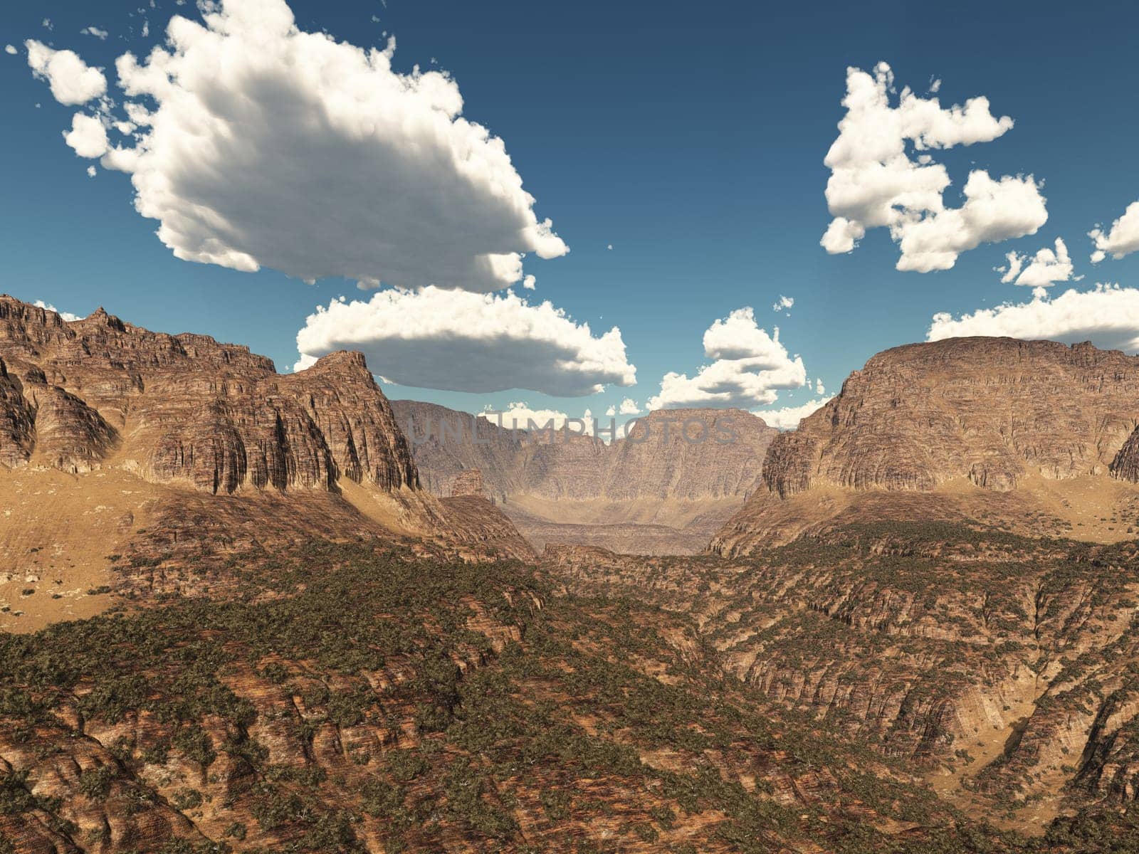 Computer generated 3D illustration of a rocky mountain landscape with a canyon