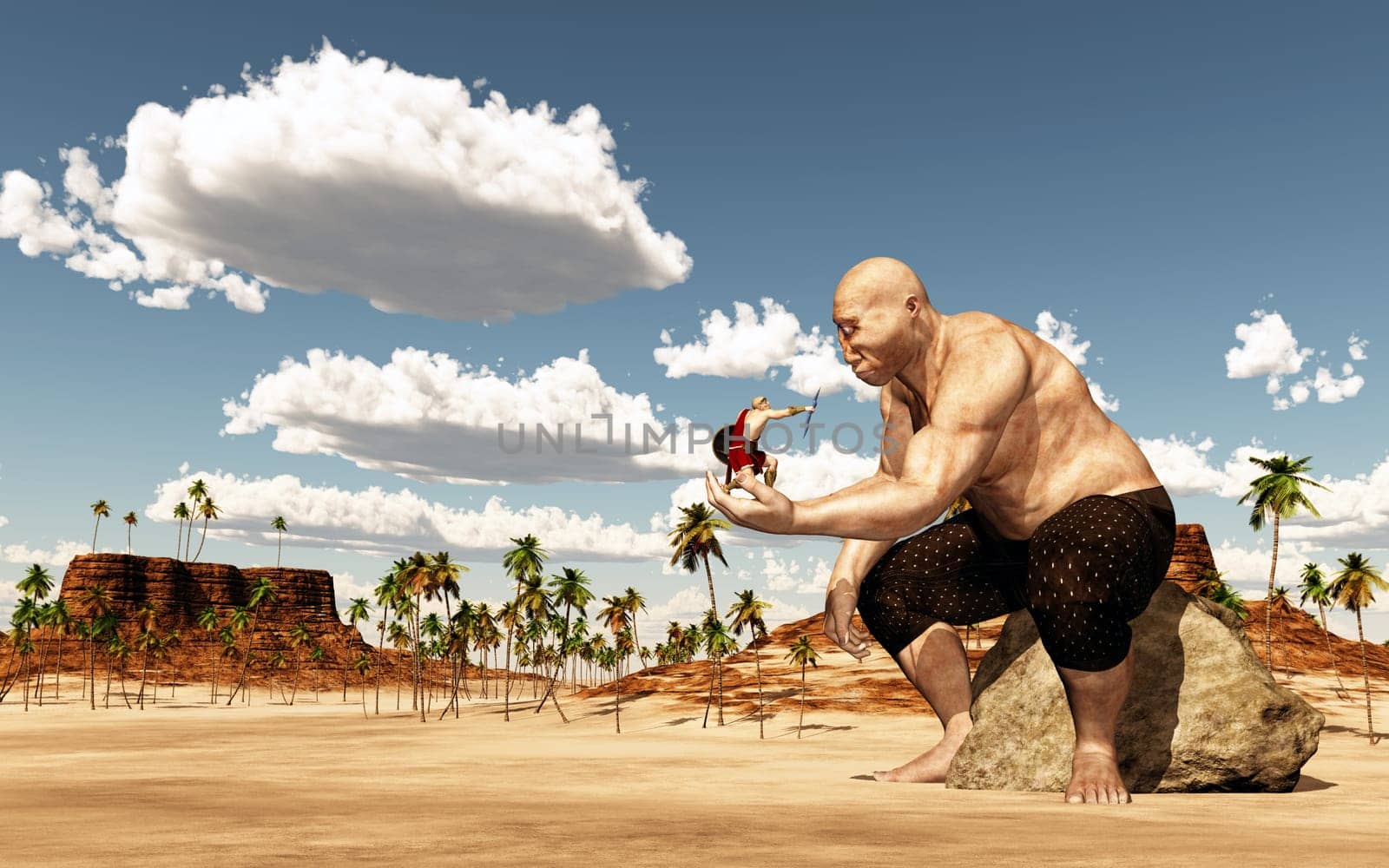 Computer generated 3D illustration with Greek god Zeus and the cyclops Polyphemus in a landscape
