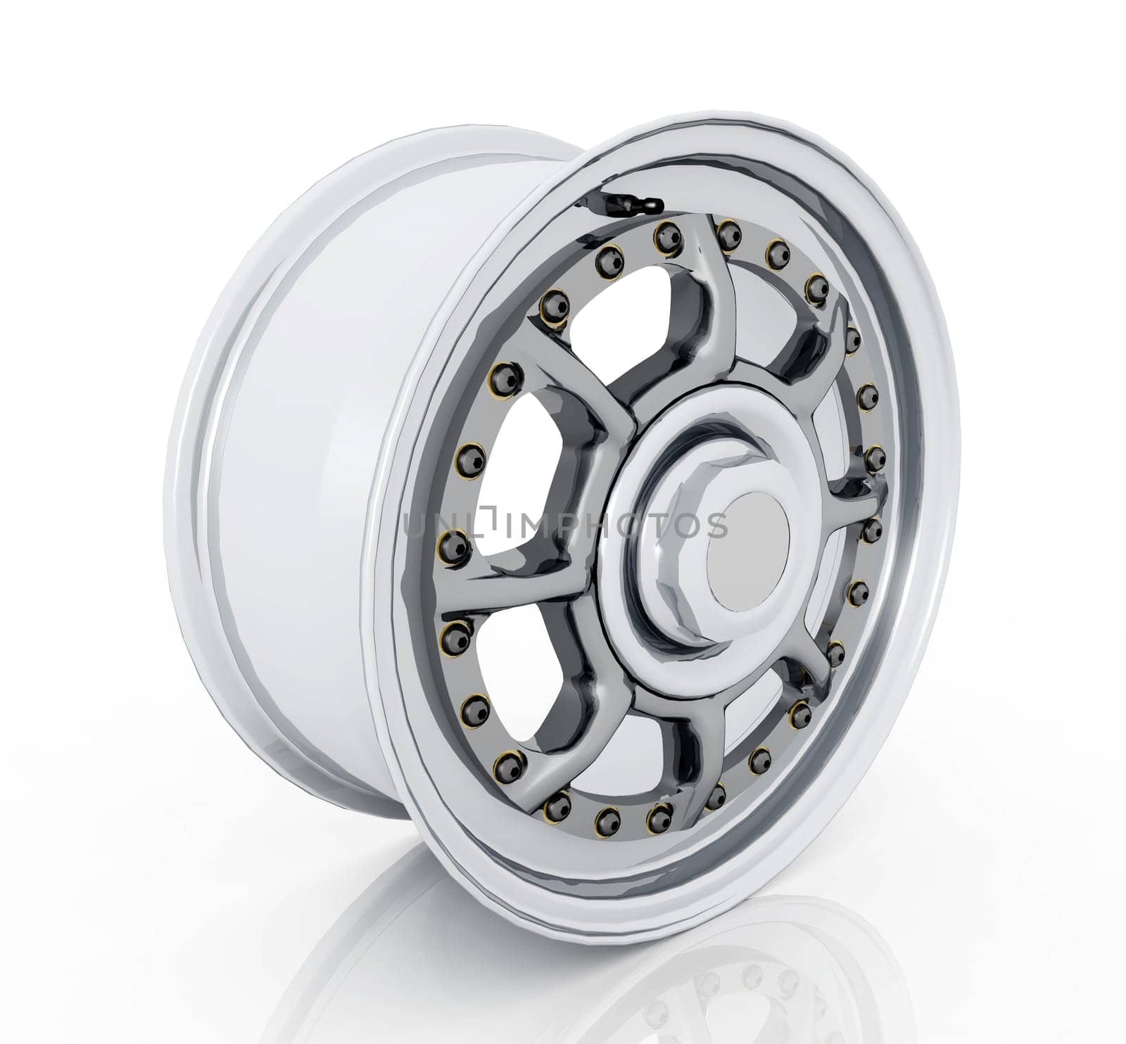 Computer generated 3D illustration with a wheel against a white background