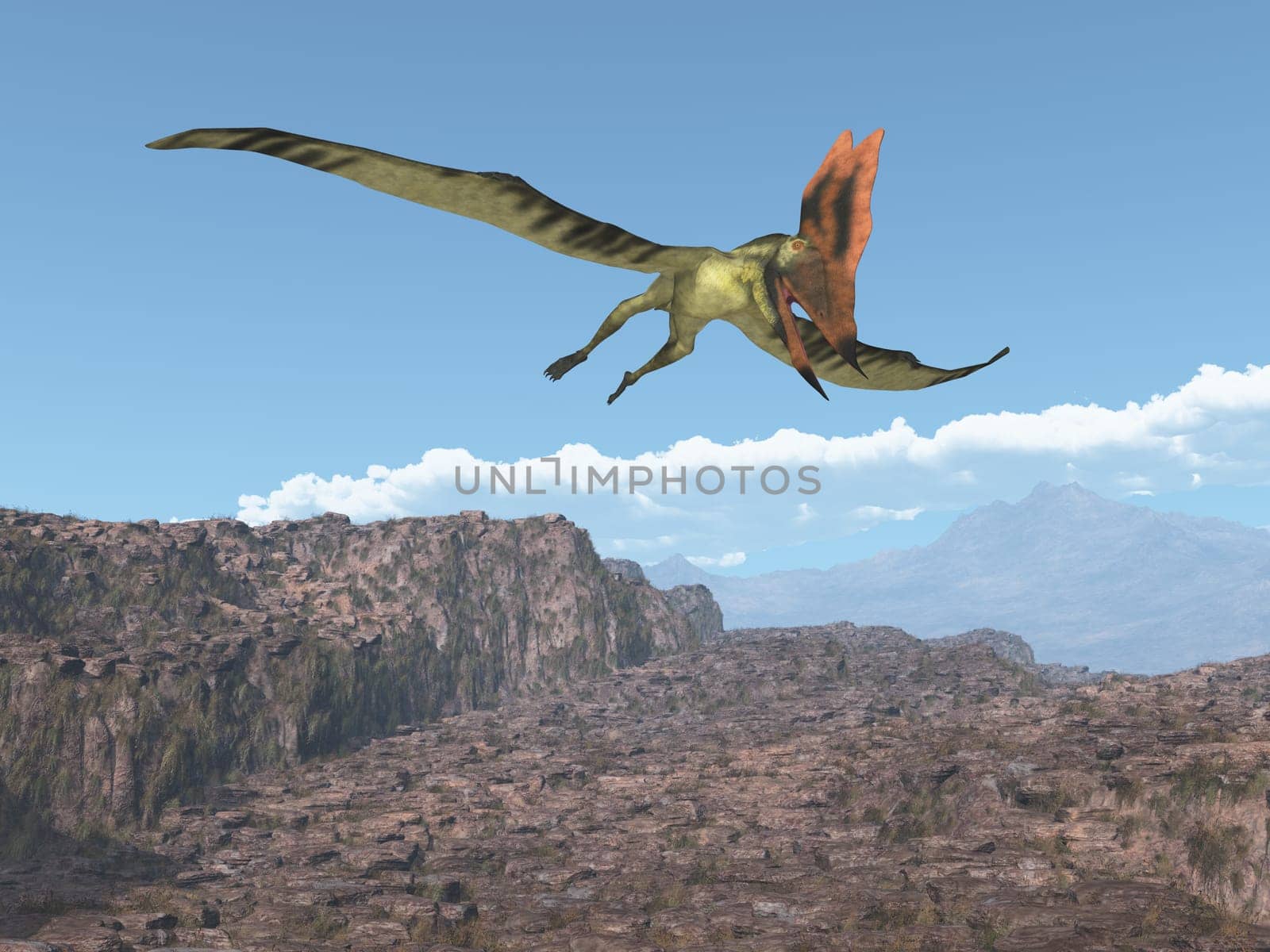 Computer generated 3D illustration with the pterosaur Thalassodromeus flying over a rocky landscape