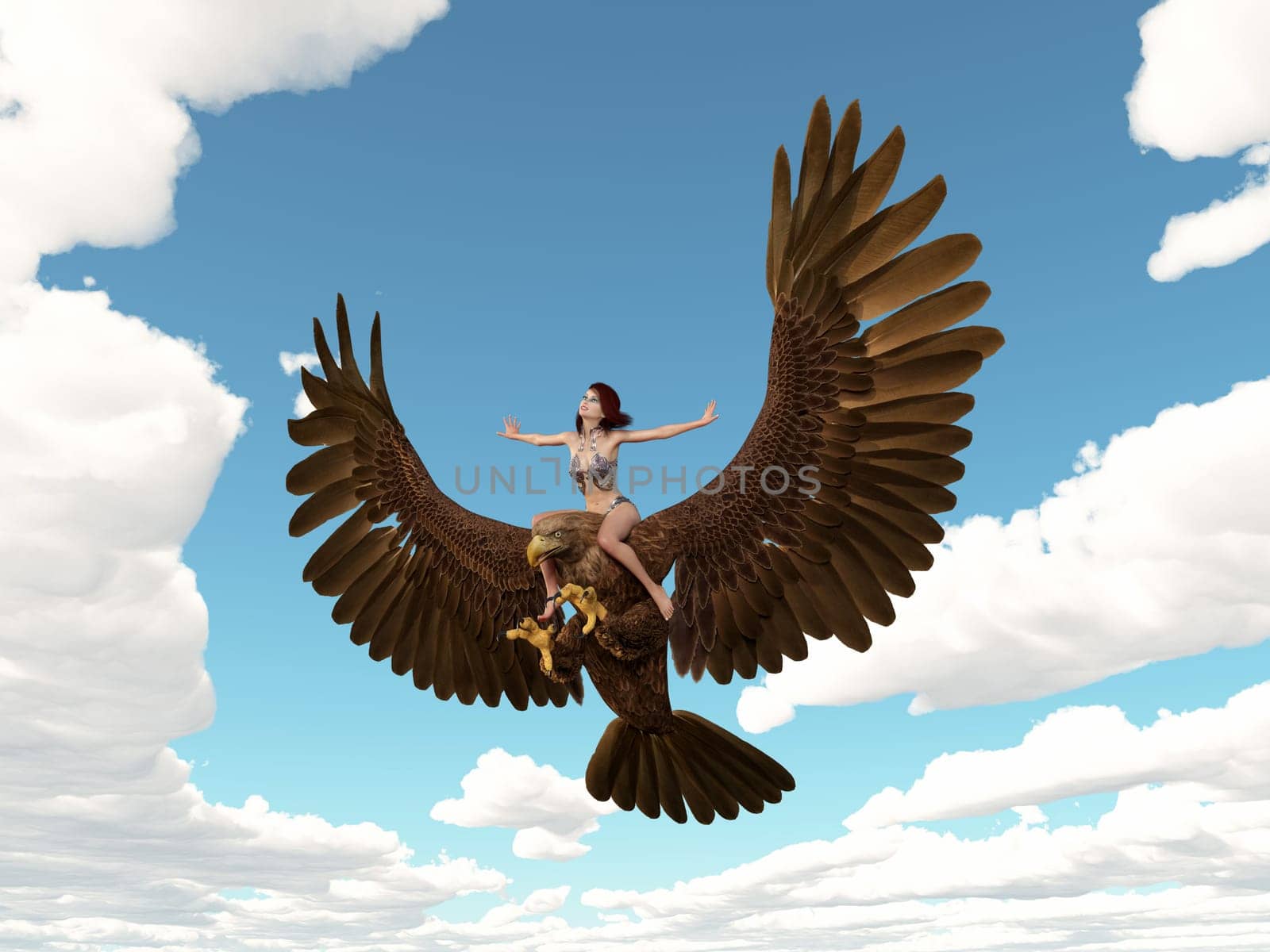 Computer generated 3D illustration with a woman on a huge flying golden eagle in sky