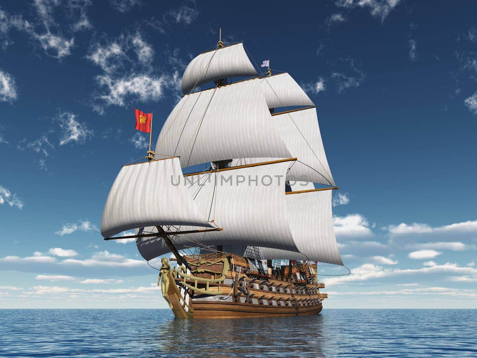 Computer generated 3D illustration with a French warship of the 18th century