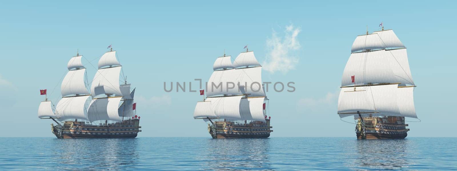 Computer generated 3D illustration with French warships of the 18th century