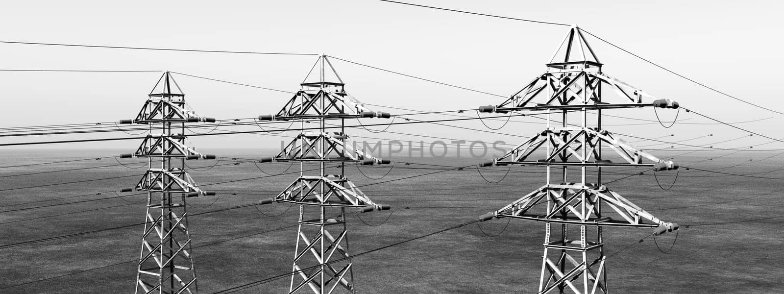 Computer generated 3D illustration with an overhead power line in black and white