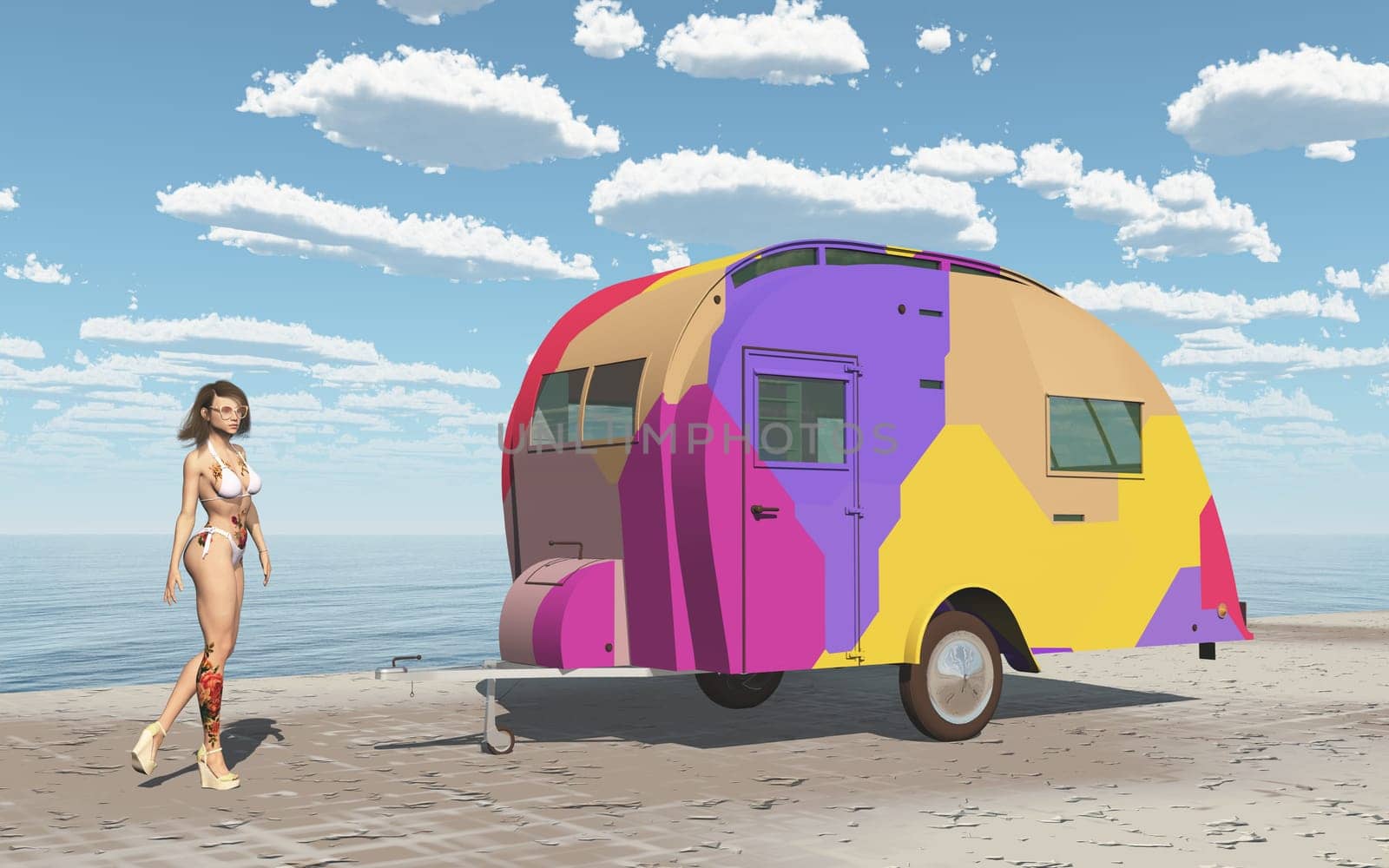 Computer generated 3D illustration with attractive woman in bikini and vintage camper caravan by the sea