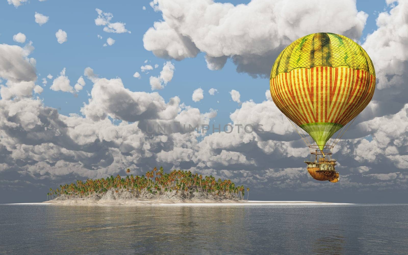 Computer generated 3D illustration with a fantasy hot air balloon over the sea with an island