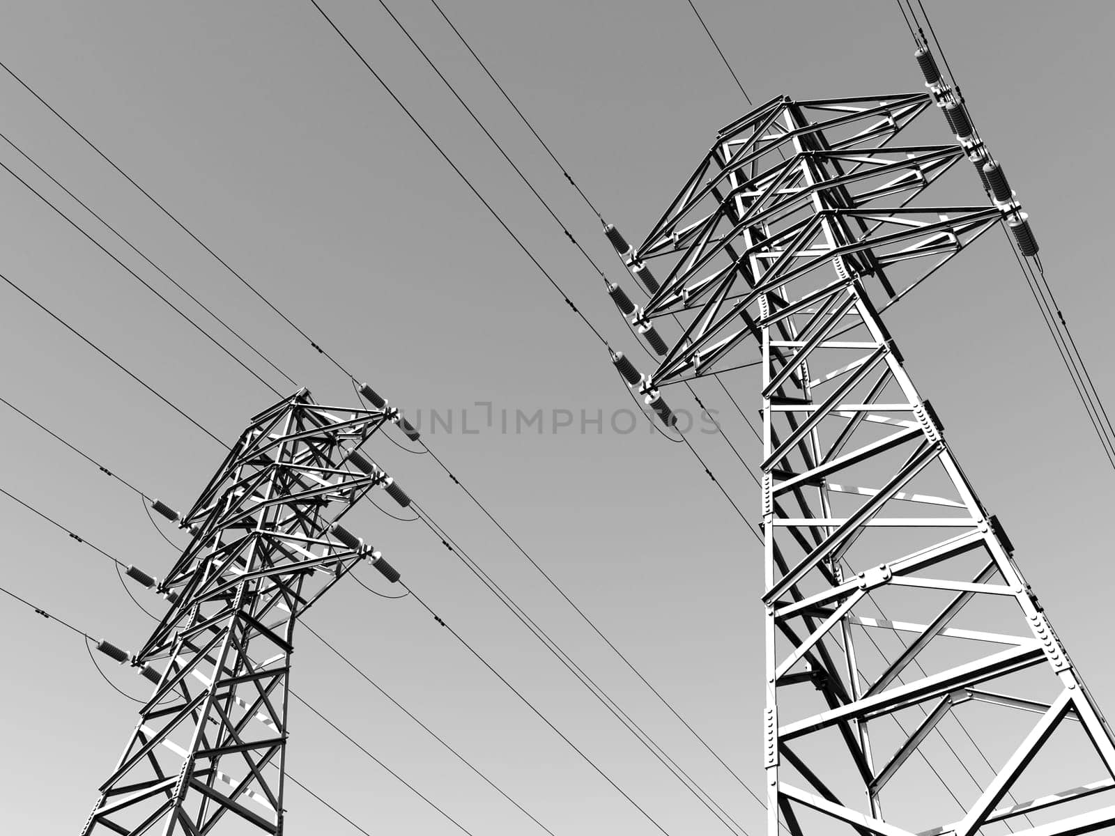 Computer generated 3D illustration with an overhead power line in black and white