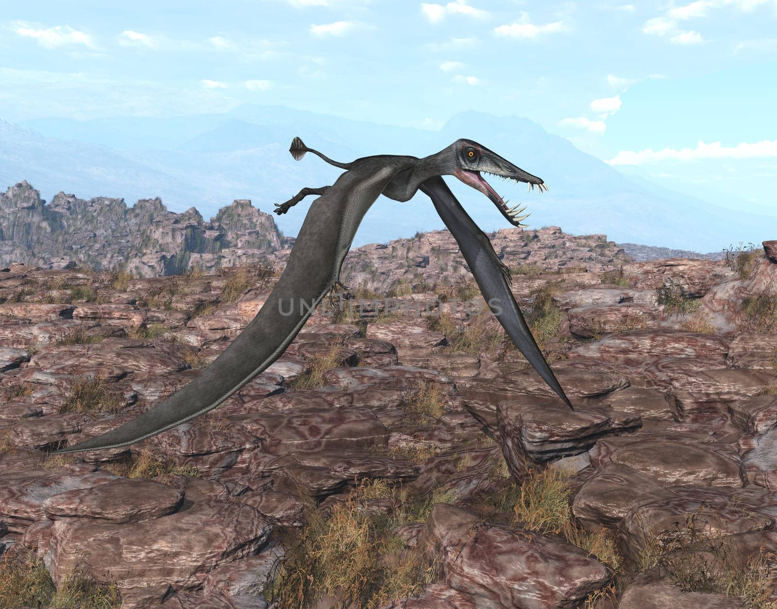 Computer generated 3D illustration with the pterosaur Dorygnathus over a rocky landscape