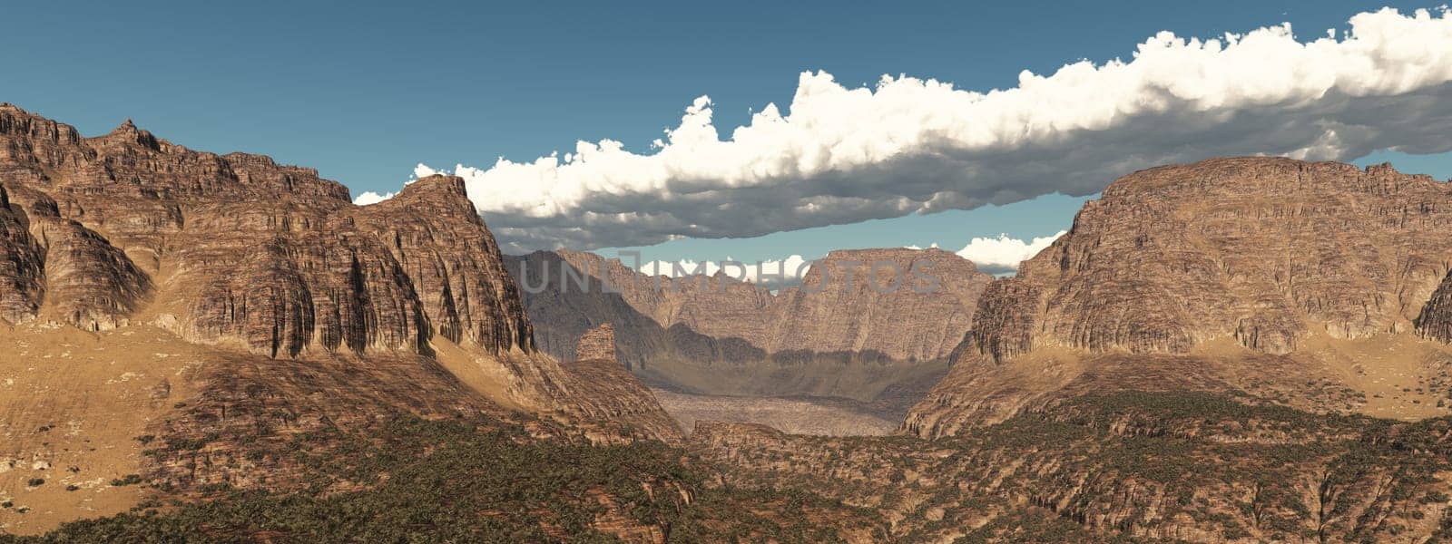 Computer generated 3D illustration with a rocky mountain landscape