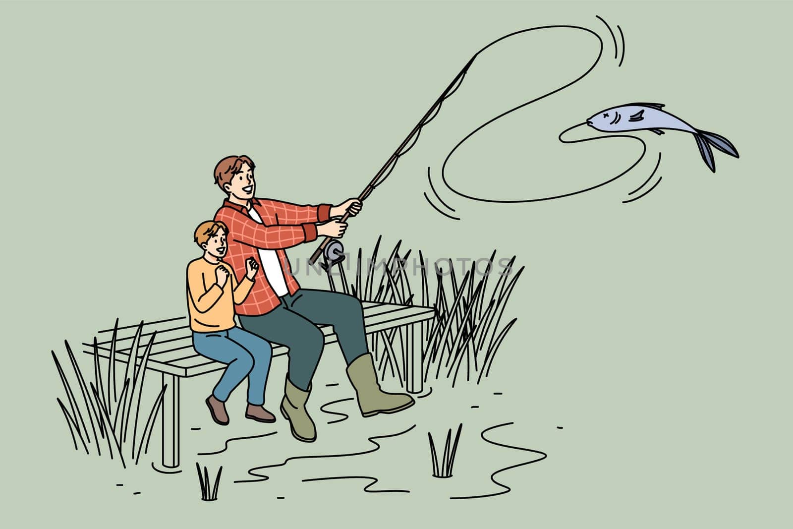 Happy father and small son sitting by water fishing together. Smiling caring dad spend weekend with little boy child enjoy outdoor activity, fatherhood concept. Vector illustration.