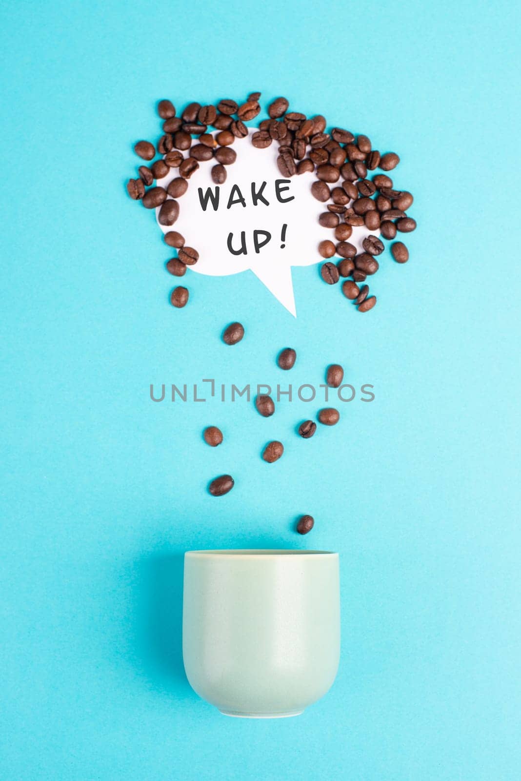 Cloud with roasted coffee beans raining into a cup, take a break, having an espresso for breakfast in the morning, hot drink ingredients, wake up