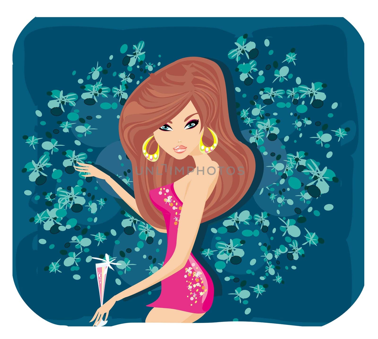 disco girl dancing with drink card