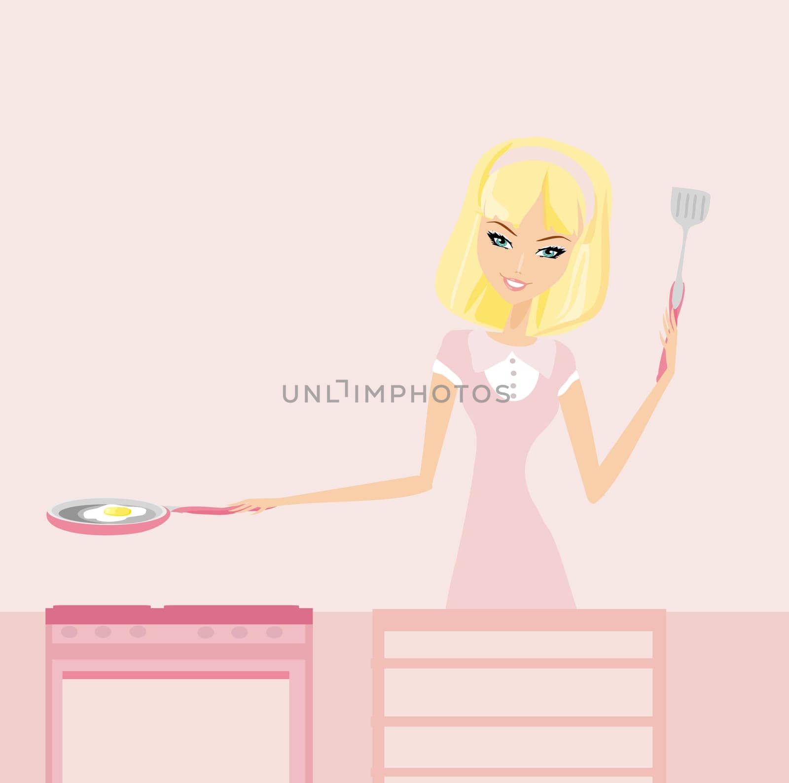 Beautiful lady cooking egg in the kitchen