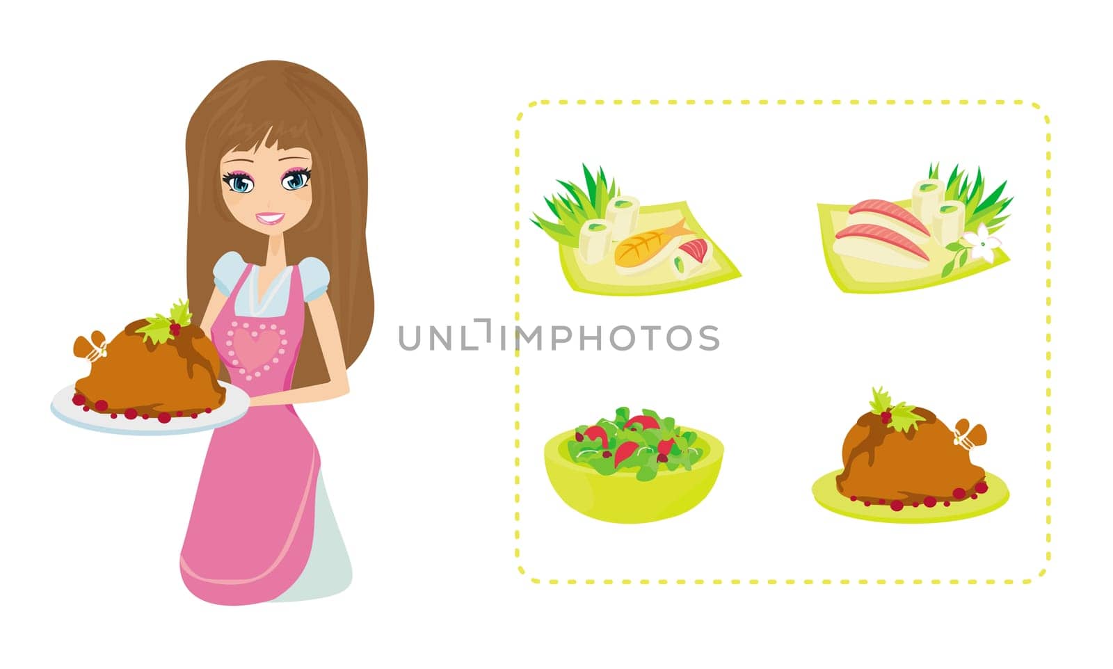 Beautiful lady with chicken or turkey and food set