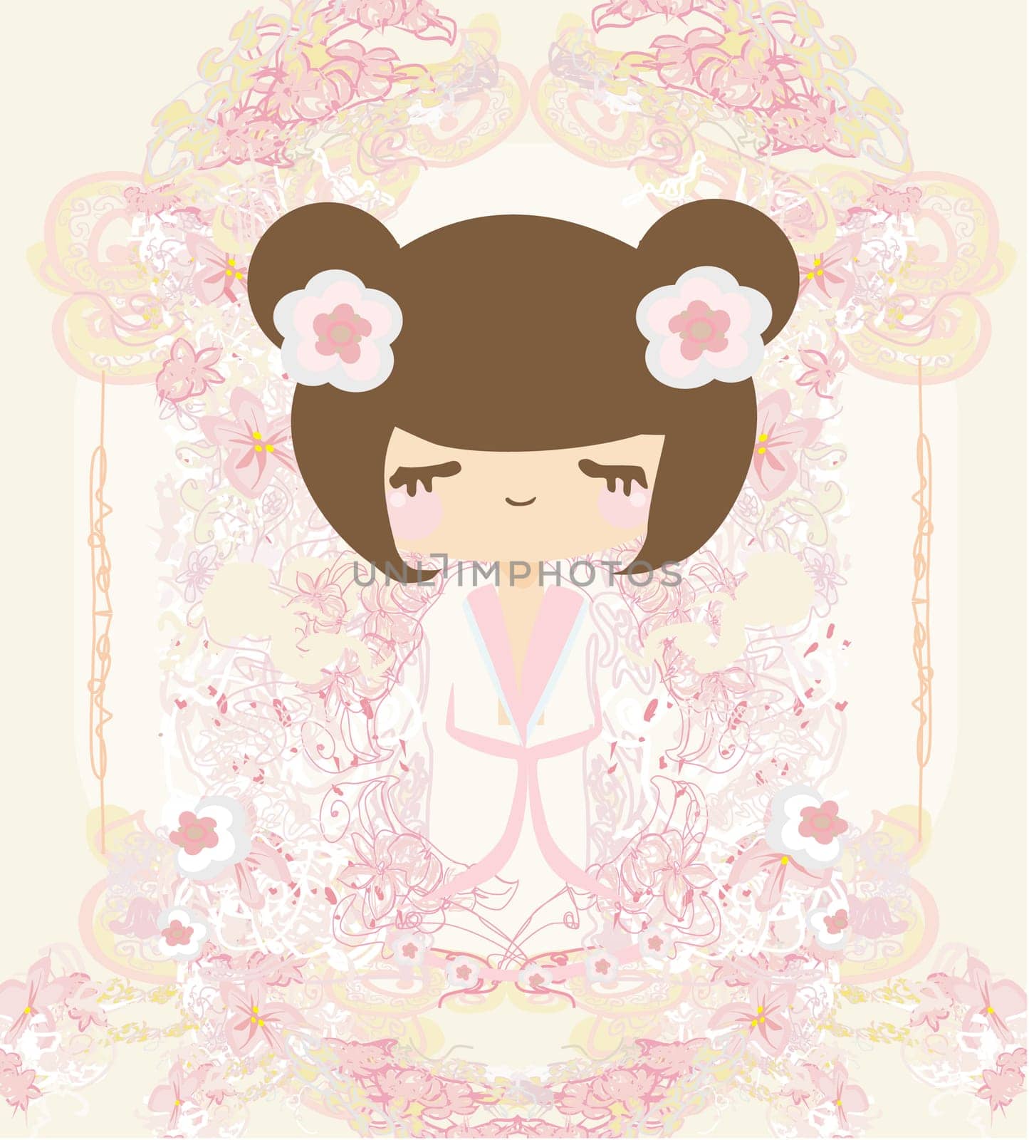 Kokeshi doll on the pink background with floral ornament