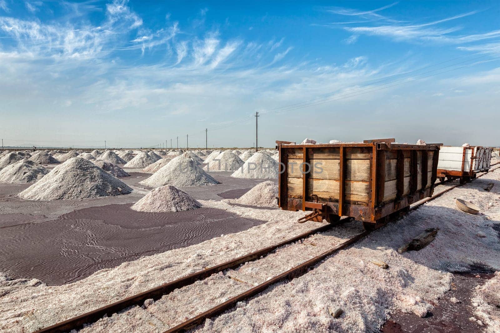 Rail road with railcart cart at salt mine at Sambhar Lake, Sambhar, Rajasthan, India