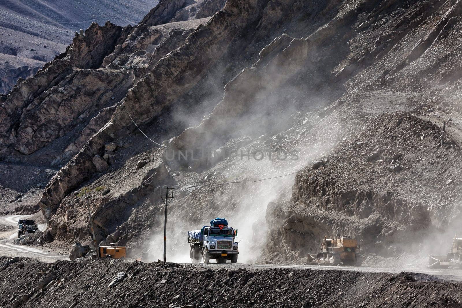 Indian lorry on national highway Srinagar-Leh NH-1 in Himalayas. Ladakh, India