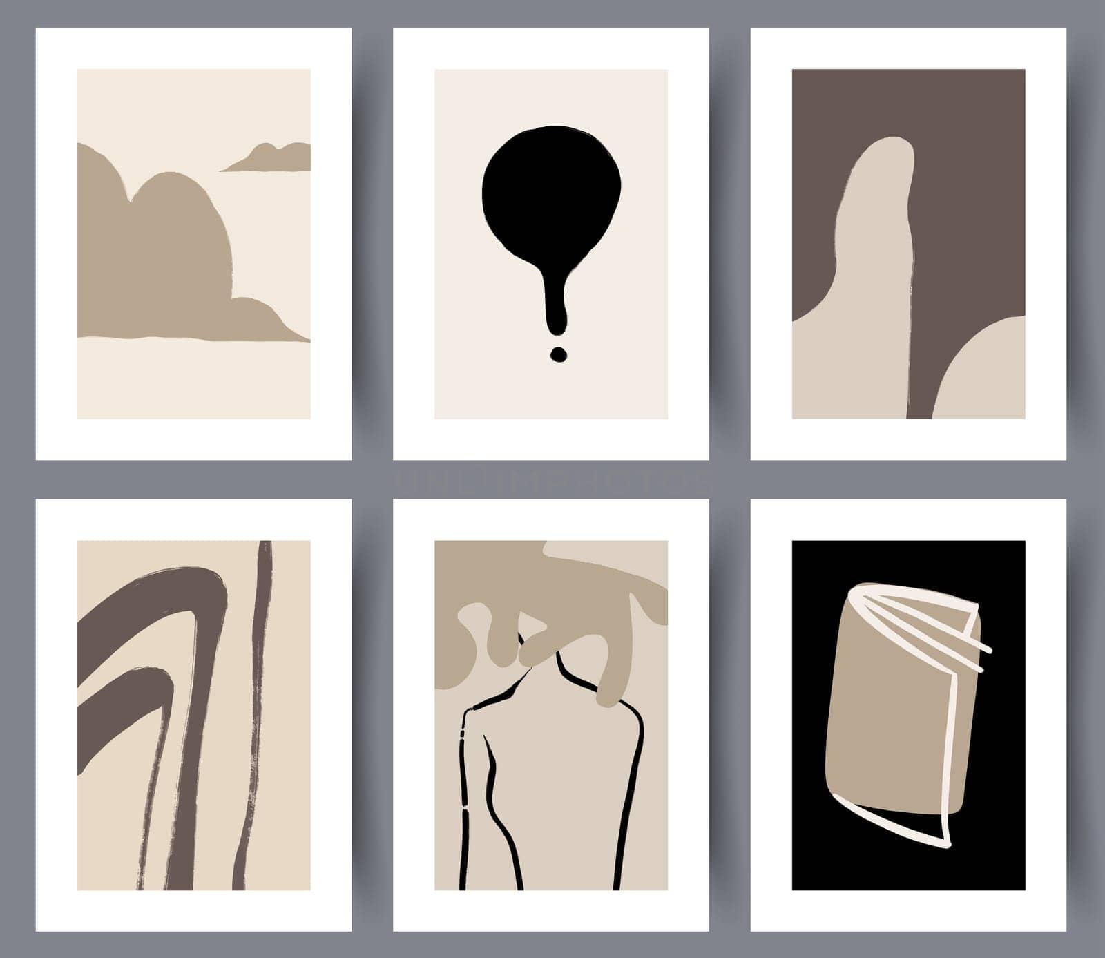 Set of neutral minimalistic art wall posters in boho style. Collection of abstract printable art works for interior design. Vector illustration.