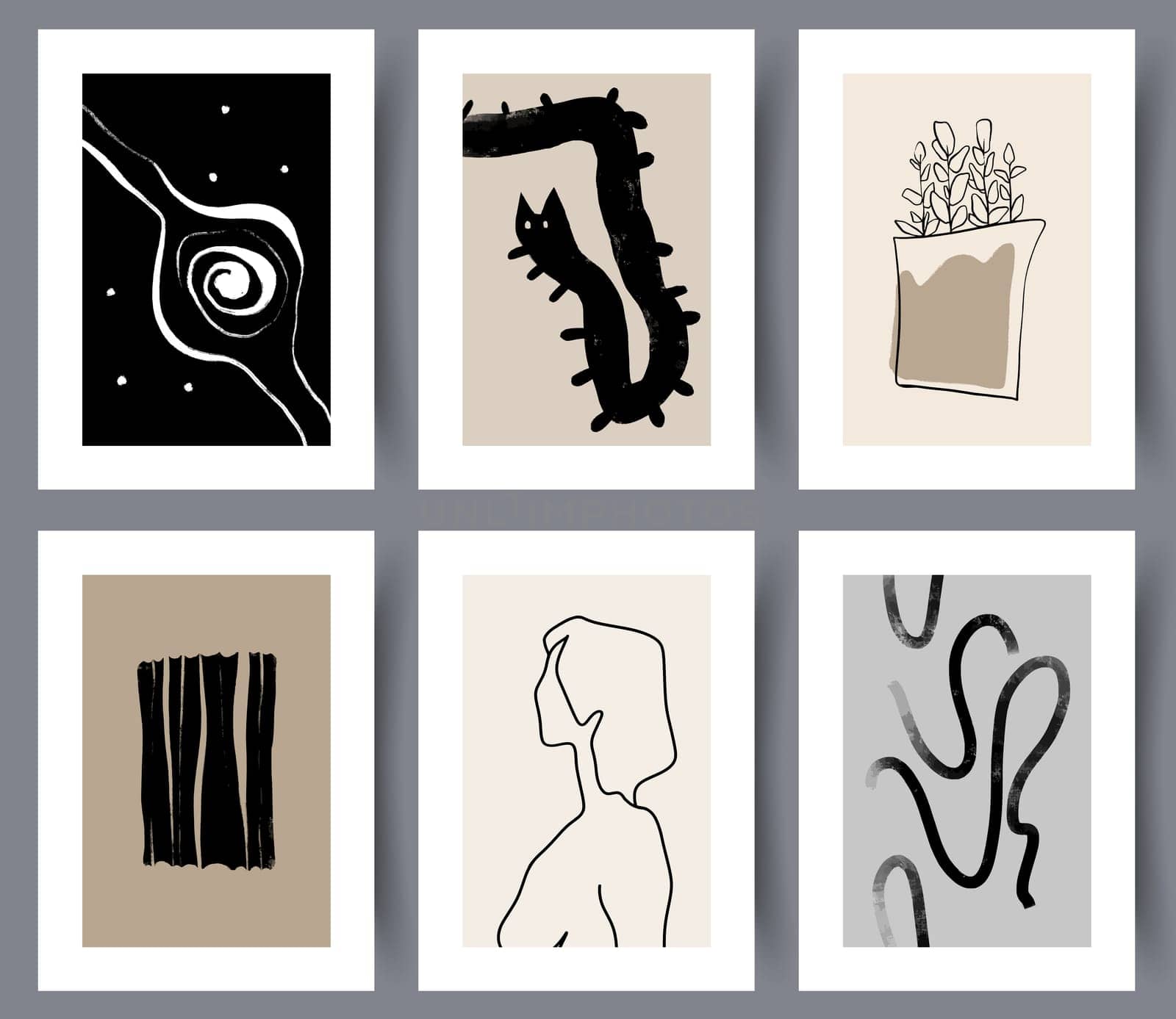 Collection of minimalistic modern art wall posters and banners for interior design. Set of hand drawn printable artwork. Abstractionism. Vector illustration.