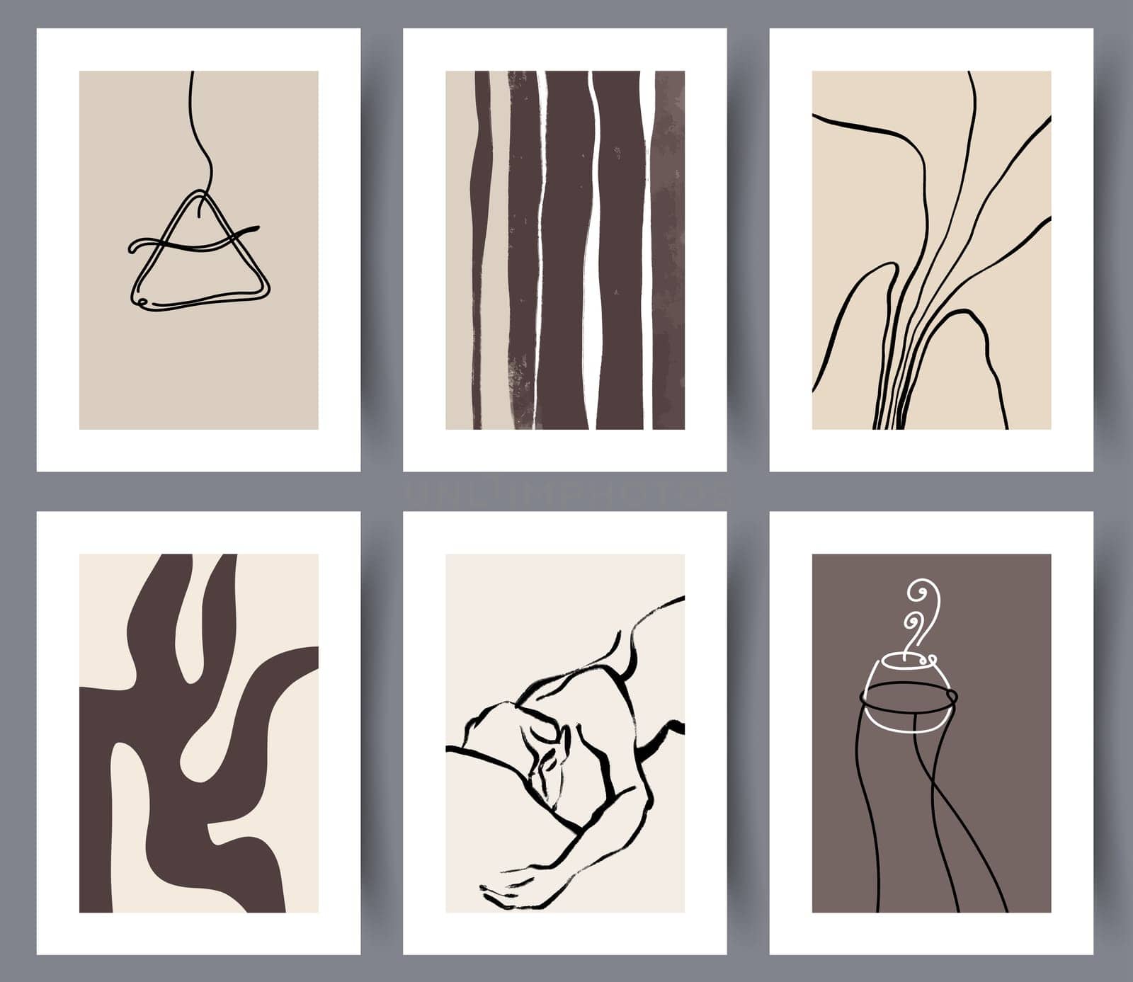 Neutral abstract art wall posters for print collection. Set of modern creative printable artwork banners for decoration. Vector illustration.