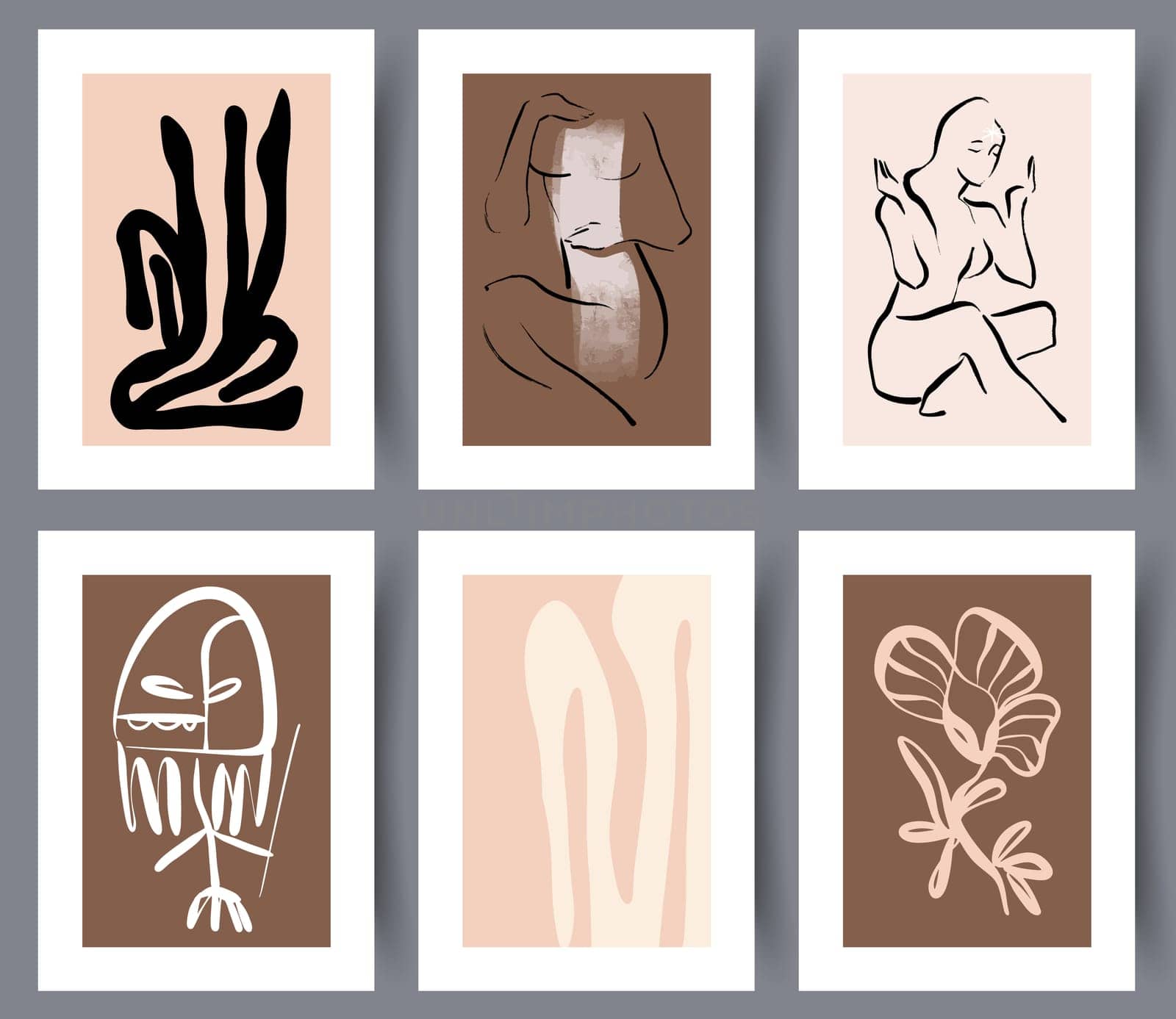 Set of abstract neutral boho design artworks for print. Collection of modern artistic hand drawn poster and banners for interior decoration. Vector illustration.