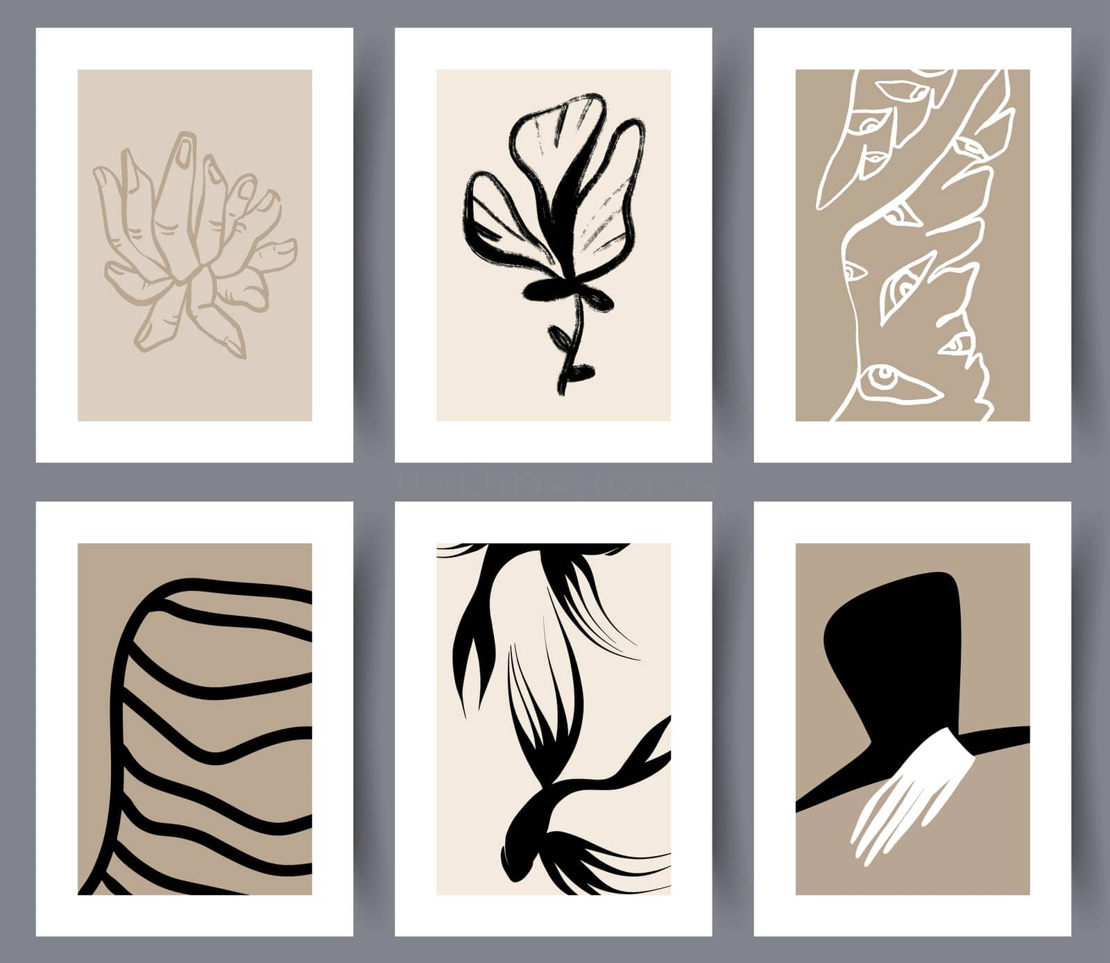 Collection of abstract hand drawn printable art wall posters and placards. Set of modern simple minimalistic artworks for print. Vector illustration.