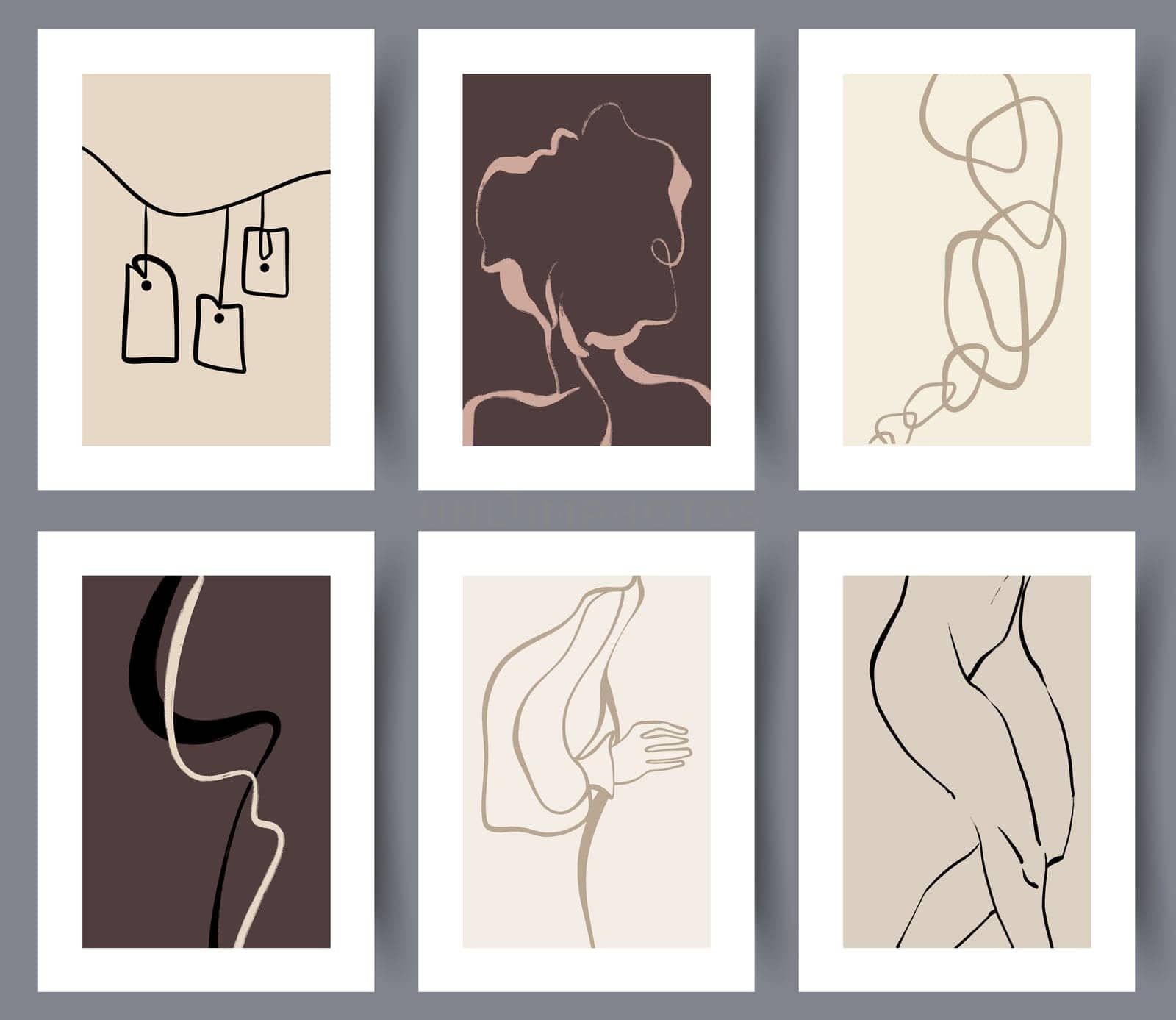 Set of hand drawn minimalistic art wall banners for print for interior design. Collection of abstract modern printable artwork for decoration. Vector illustration.