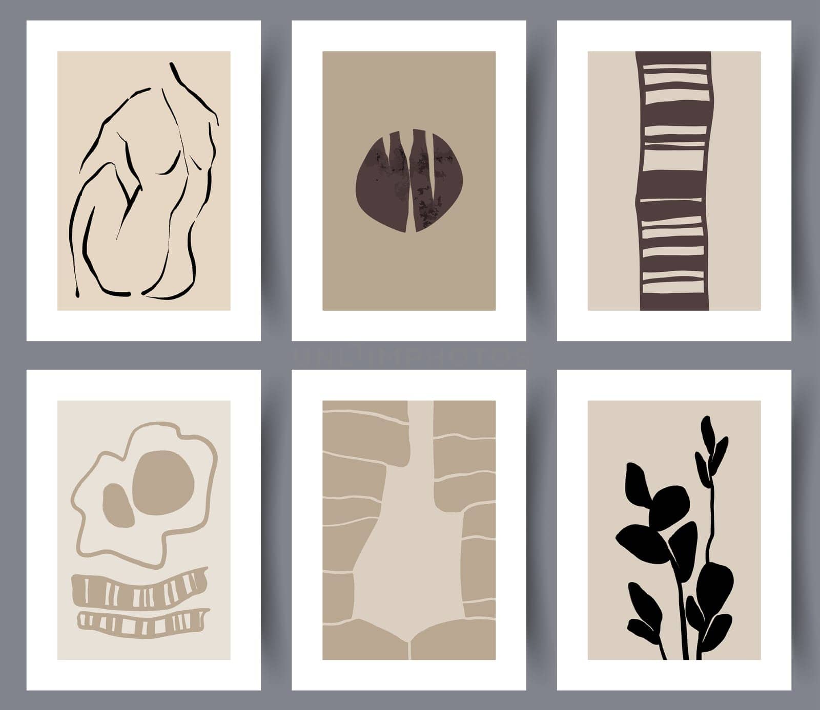 Set of modern abstract shape and lines on printable posters for interior design. Collection of abstractionism art wall decorations for print. Vector illustration.