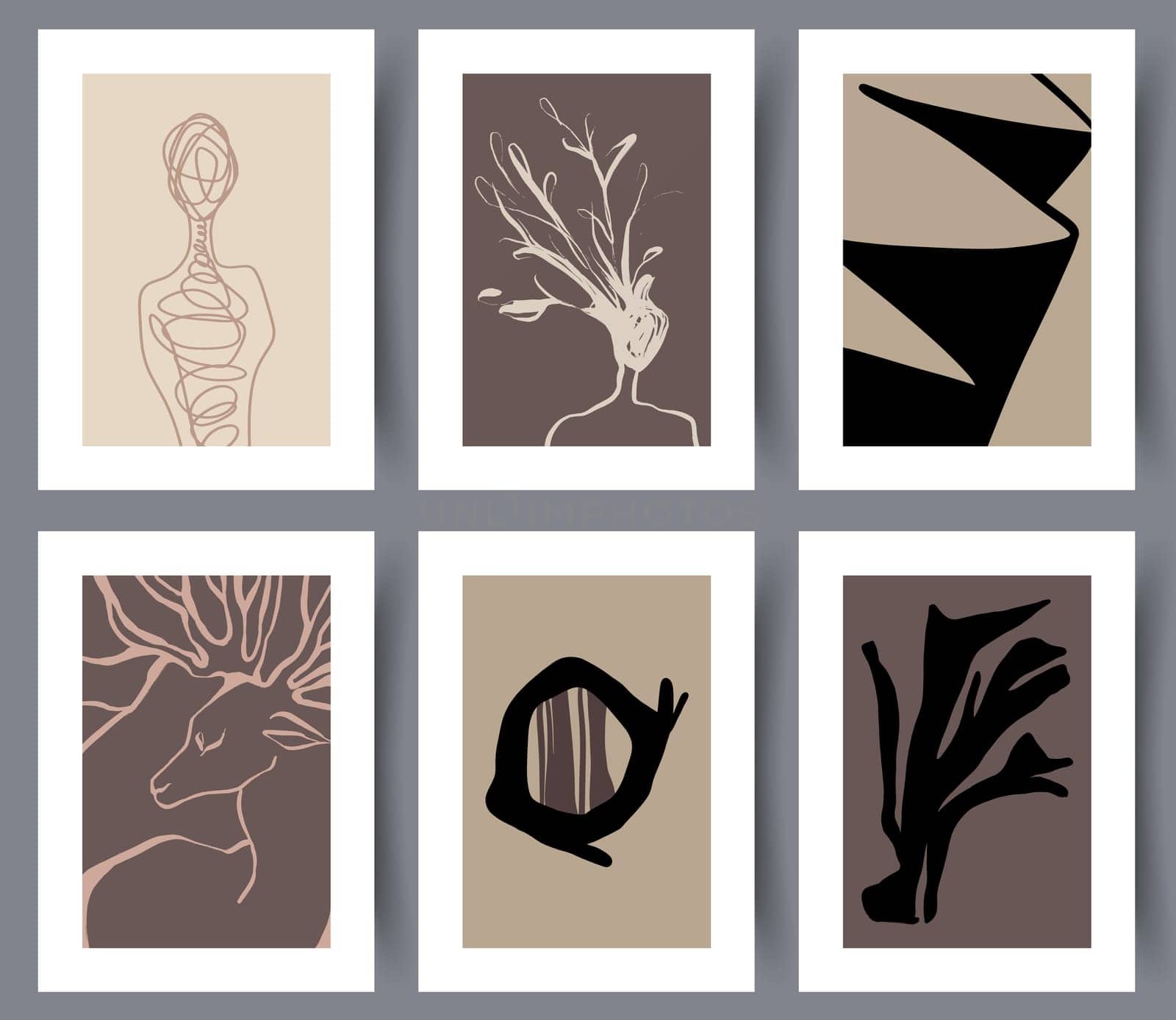 Collection of abstract minimalistic art wall designs for print. Set of modern creative neutral printable artworks for interior decorations. Abstractionism. Vector illustration.