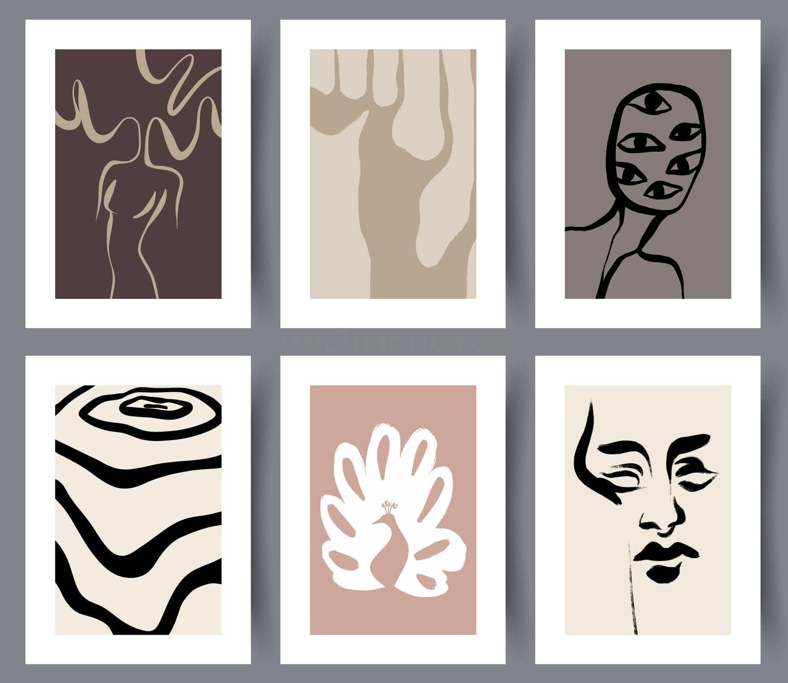 Set of abstract modern art wall posters or banners for print for interior design. Collection of simple hand drawn printable artworks for decoration. Vector illustration.