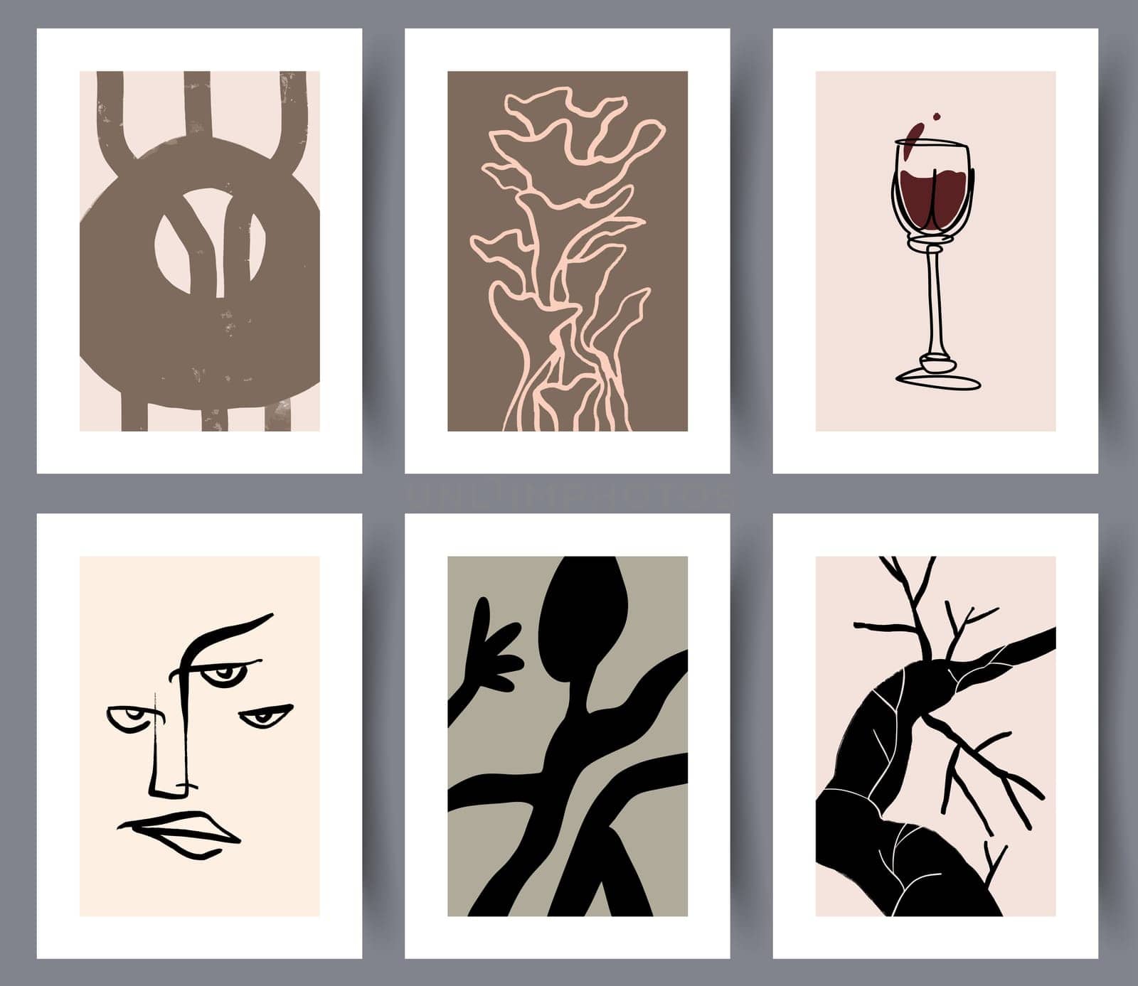 Set of abstract printable art wall designs. Collection of minimalistic modern abstractionism artworks for print. Vector illustration.