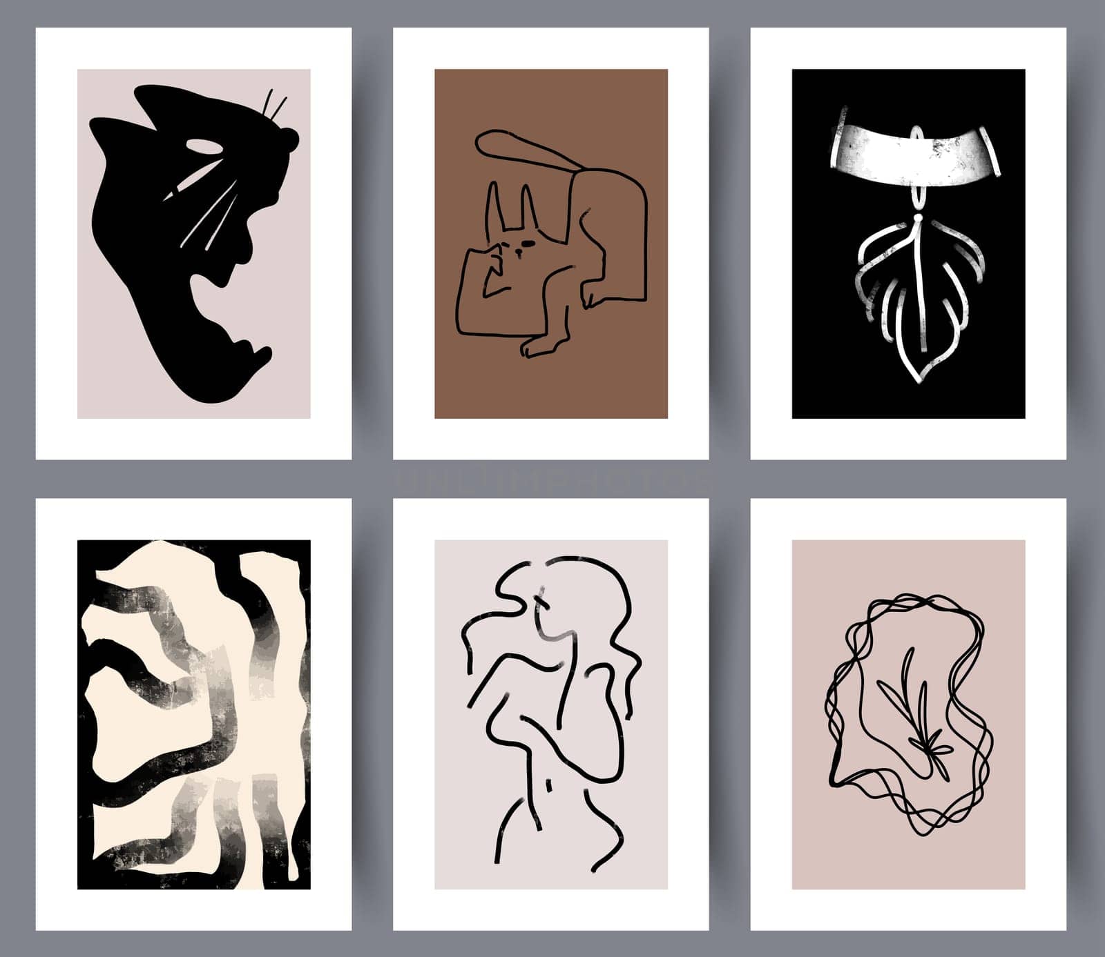 Collection of simple abstract modern printable artworks for interior design. Set of minimalistic art wall decorations for print. Abstractionism. Vector illustration.