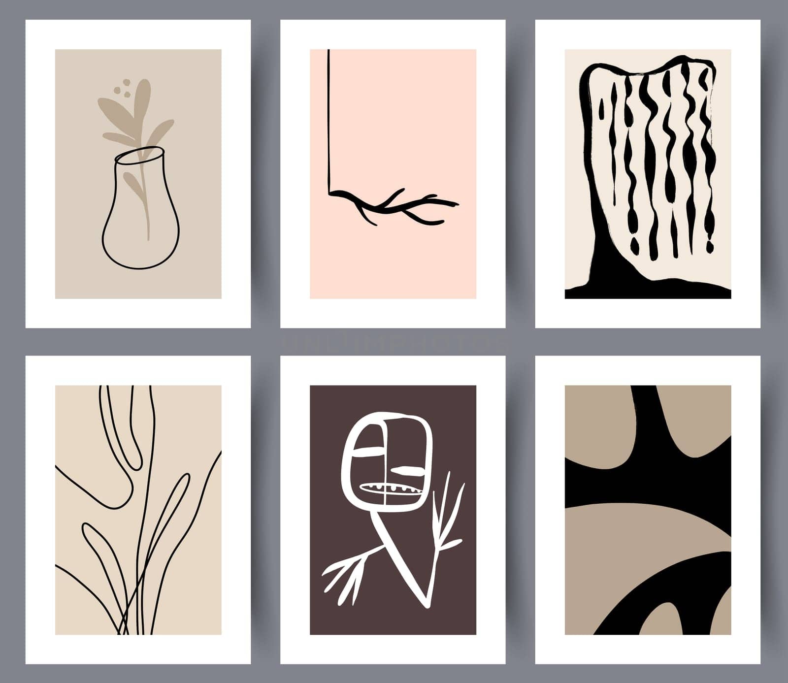 Collection on modern abstract art wall posters for print. Set of simple hand drawn printable artworks for interior design. Vector illustration.