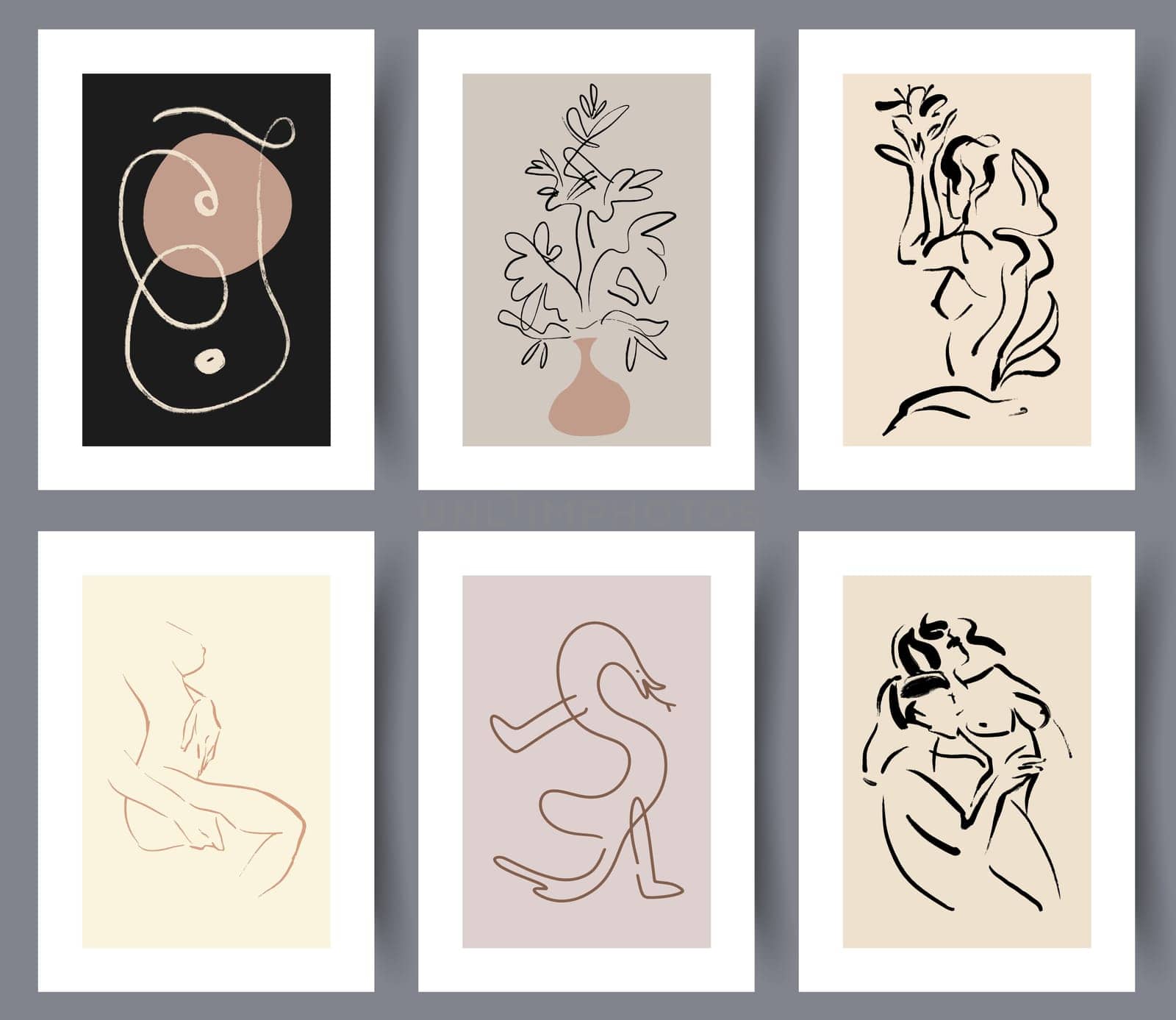 Modern hand drawn simple art wall decorations for print collection. Artistic creative abstract Nordic printable designs set. Vector illustration.